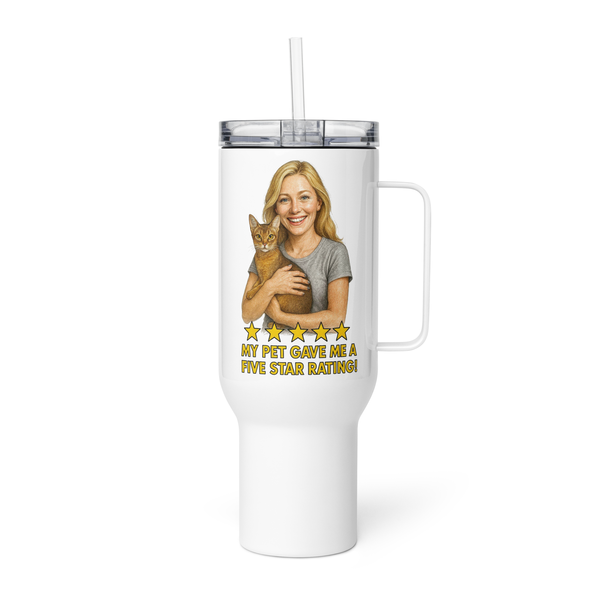 Blonde Woman SILVER Shirt with Abyssinian Cat Travel Mug