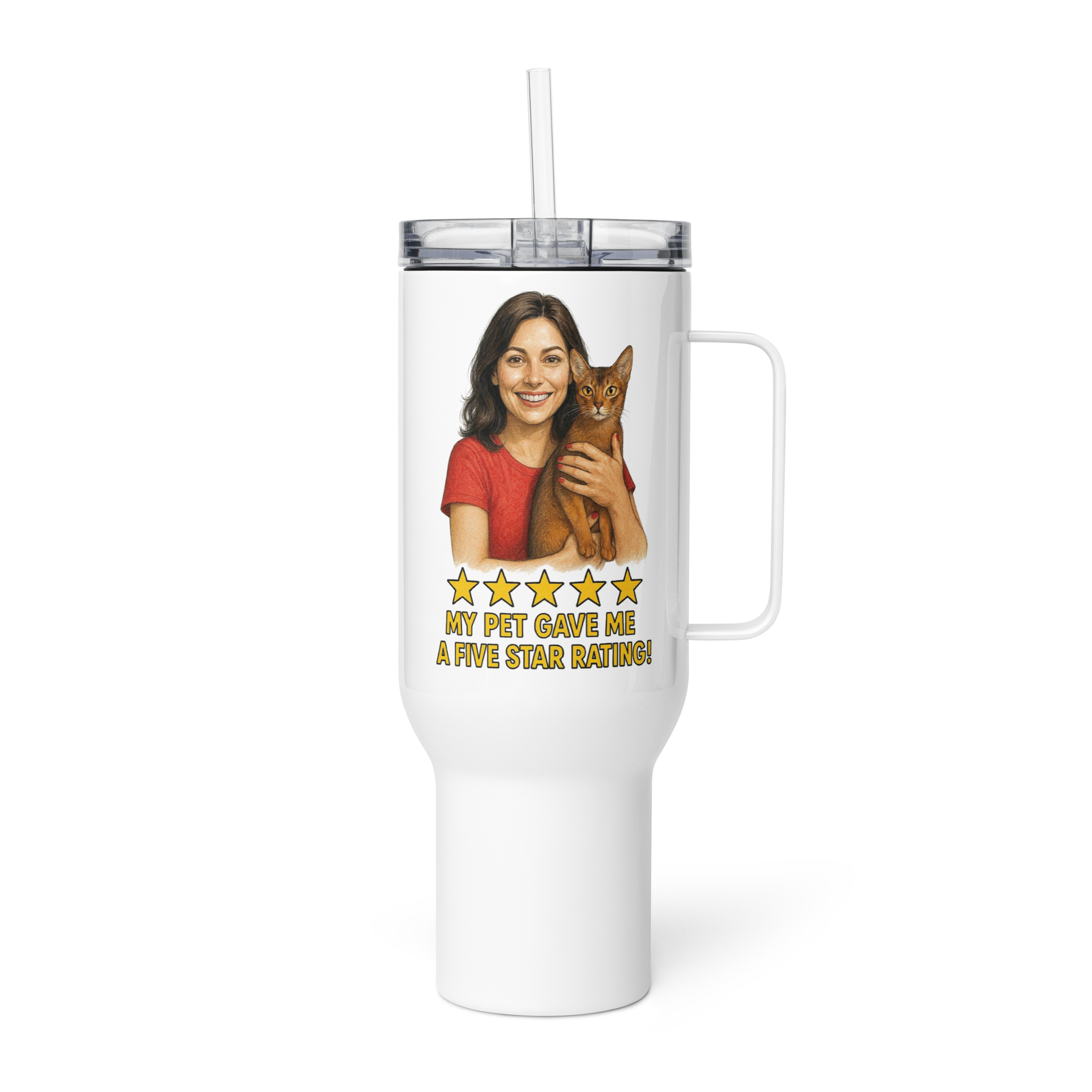 Brunette Woman RED Shirt with Abyssinian Cat Travel Mug