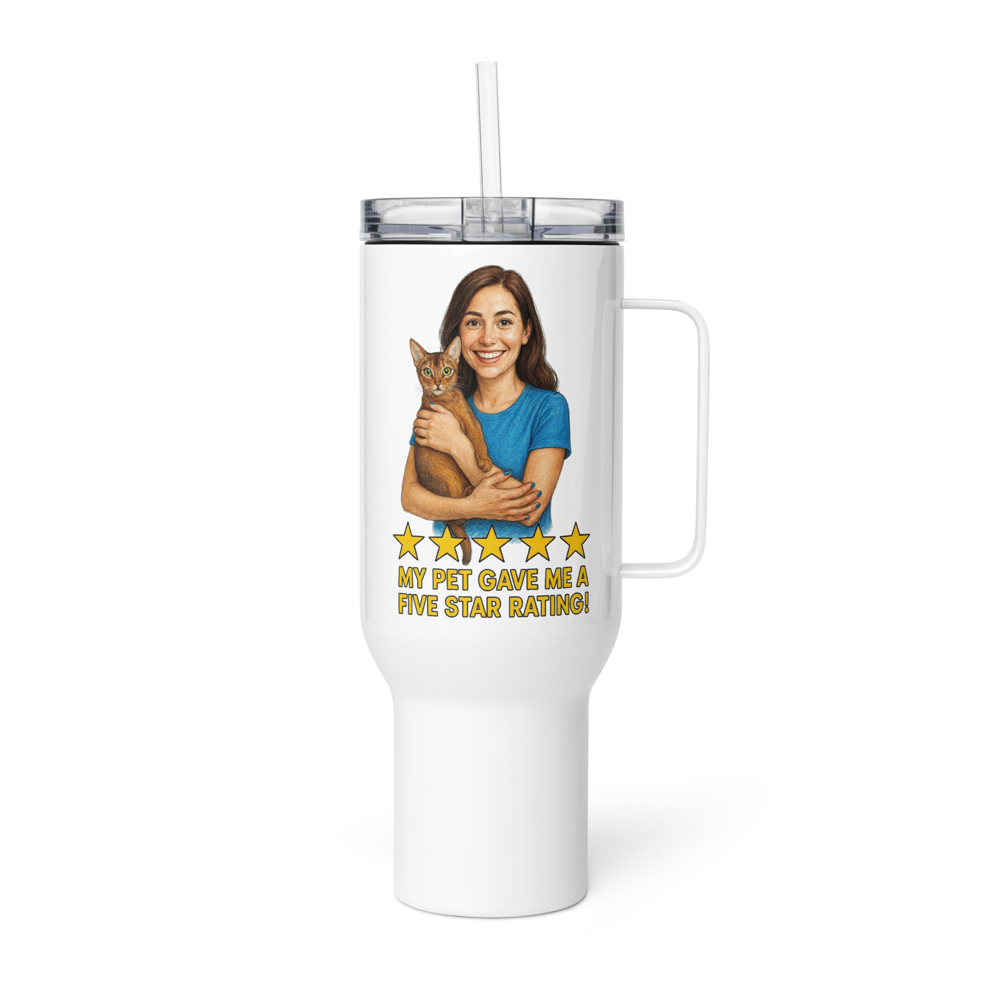 Brunette Woman BLUE Shirt with Abyssinian Cat Travel Mug