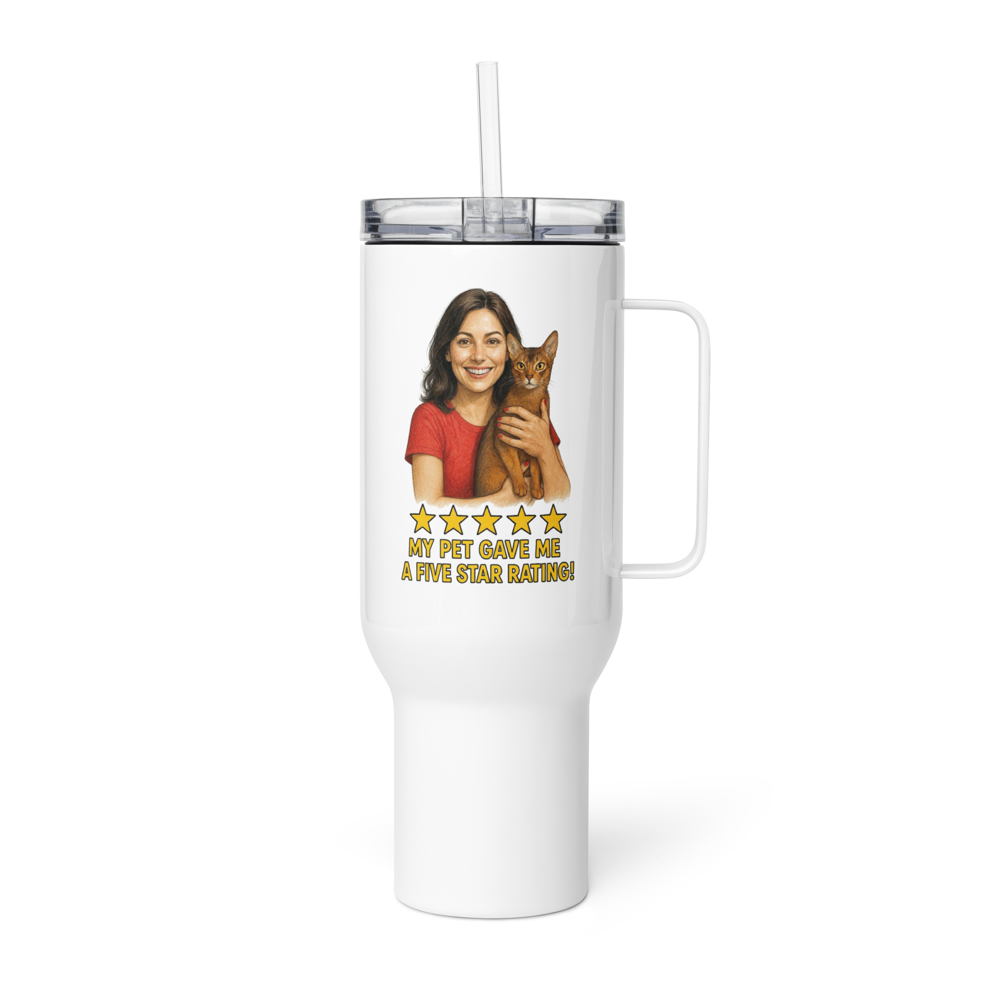 Brunette Woman PINK Shirt with Abyssinian Cat Travel Mug