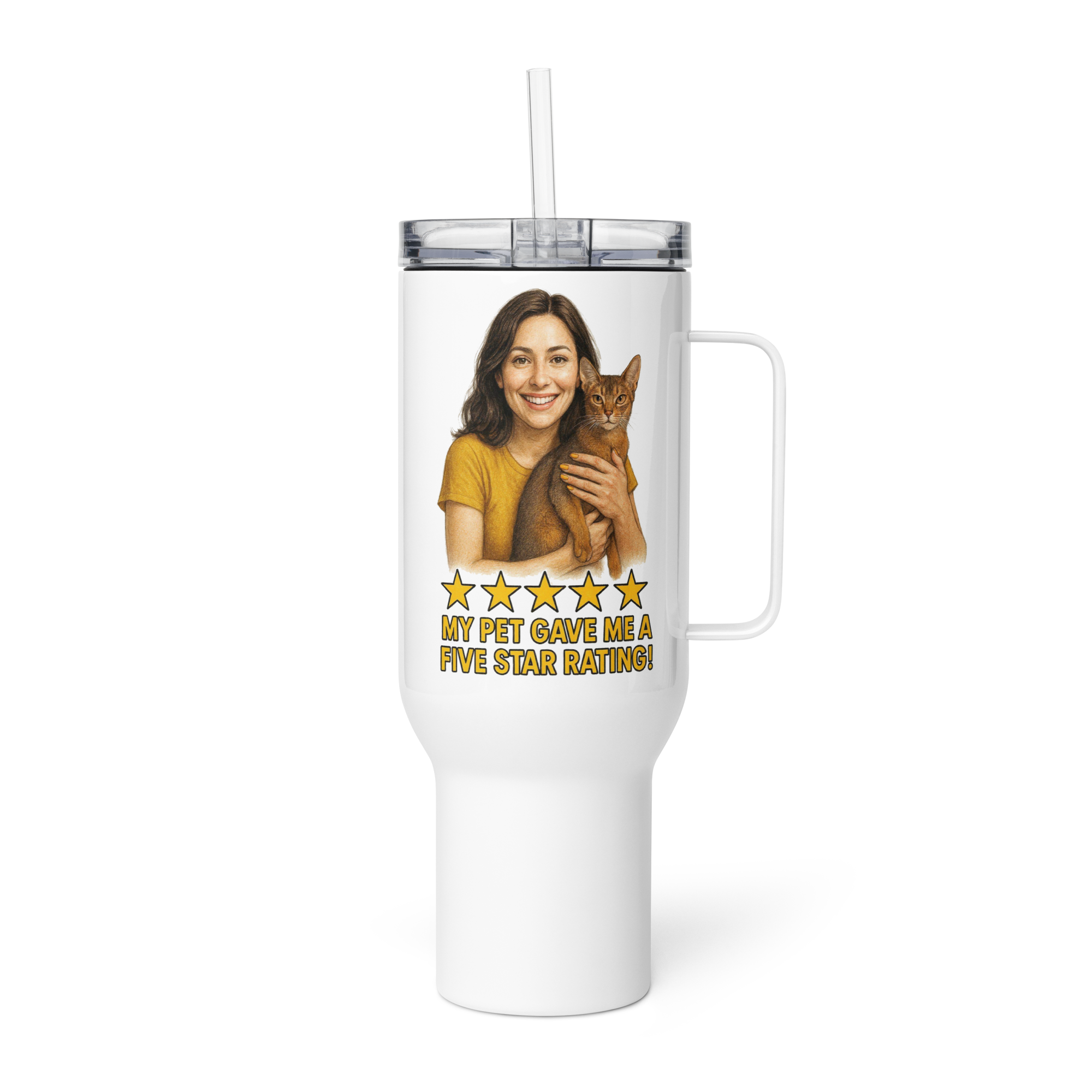 Brunette Woman GOLD Shirt with Abyssinian Cat Travel Mug