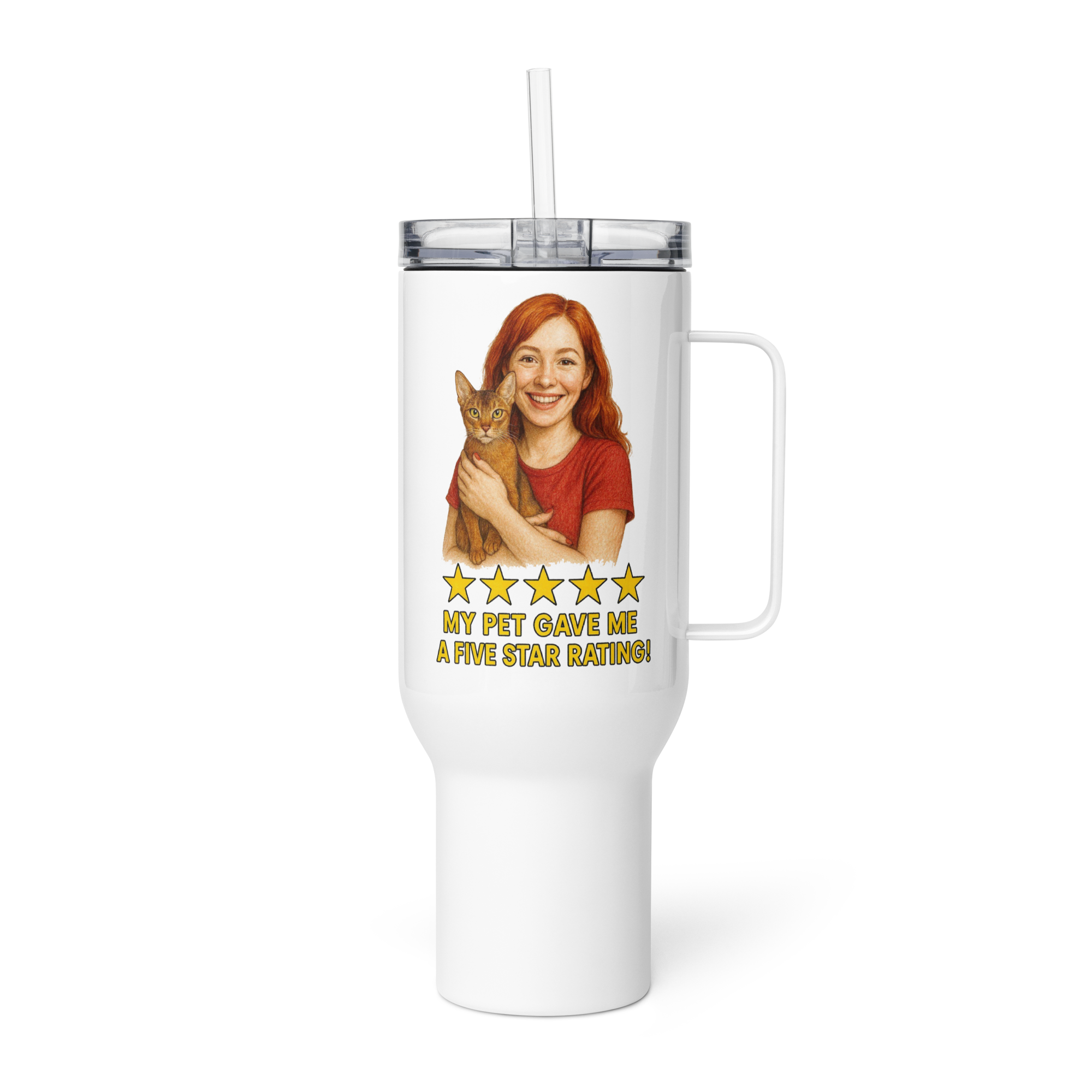 Red Hair Woman RED Shirt with Abyssinian Cat Travel Mug