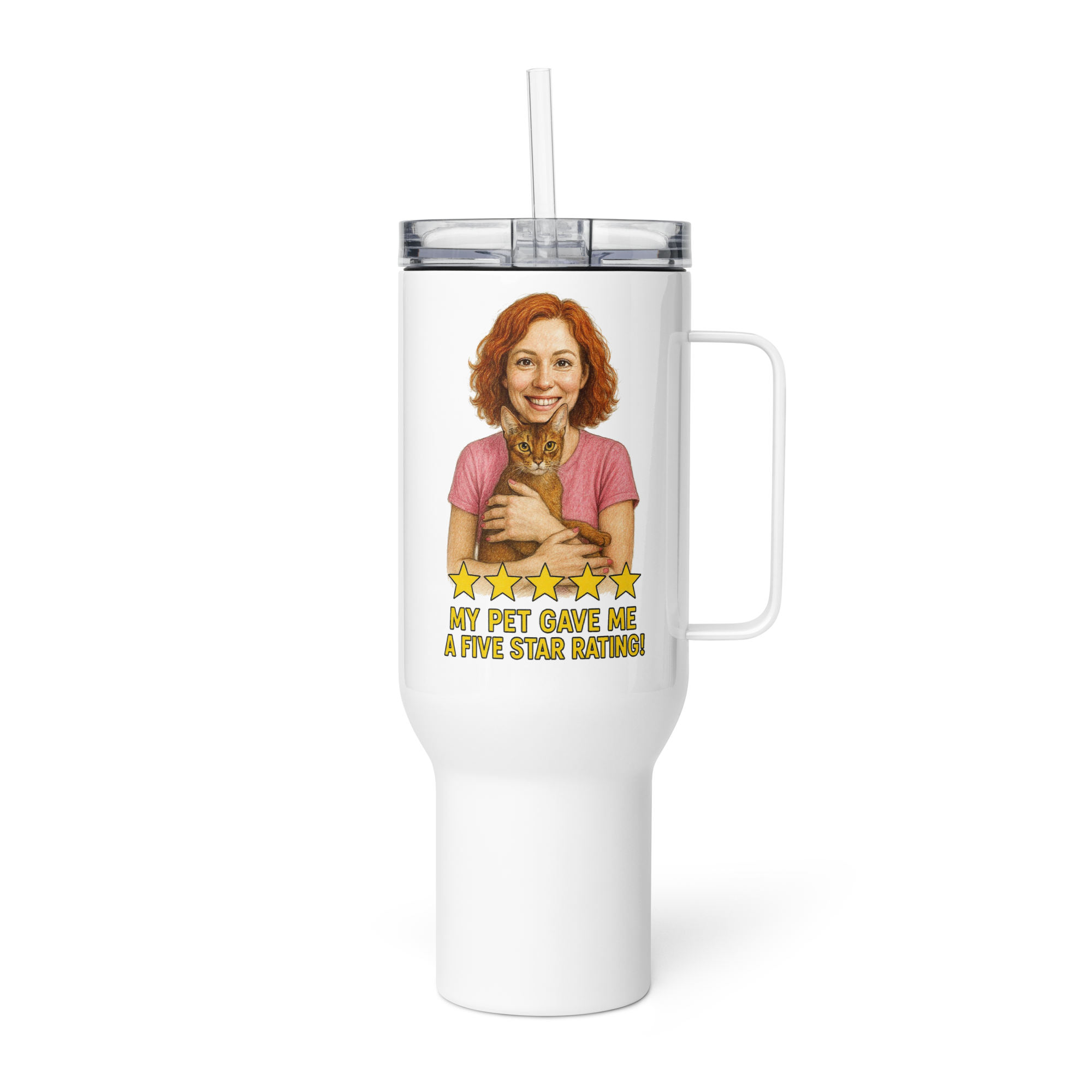 Red Hair Woman PINK Shirt with Abyssinian Cat Travel Mug