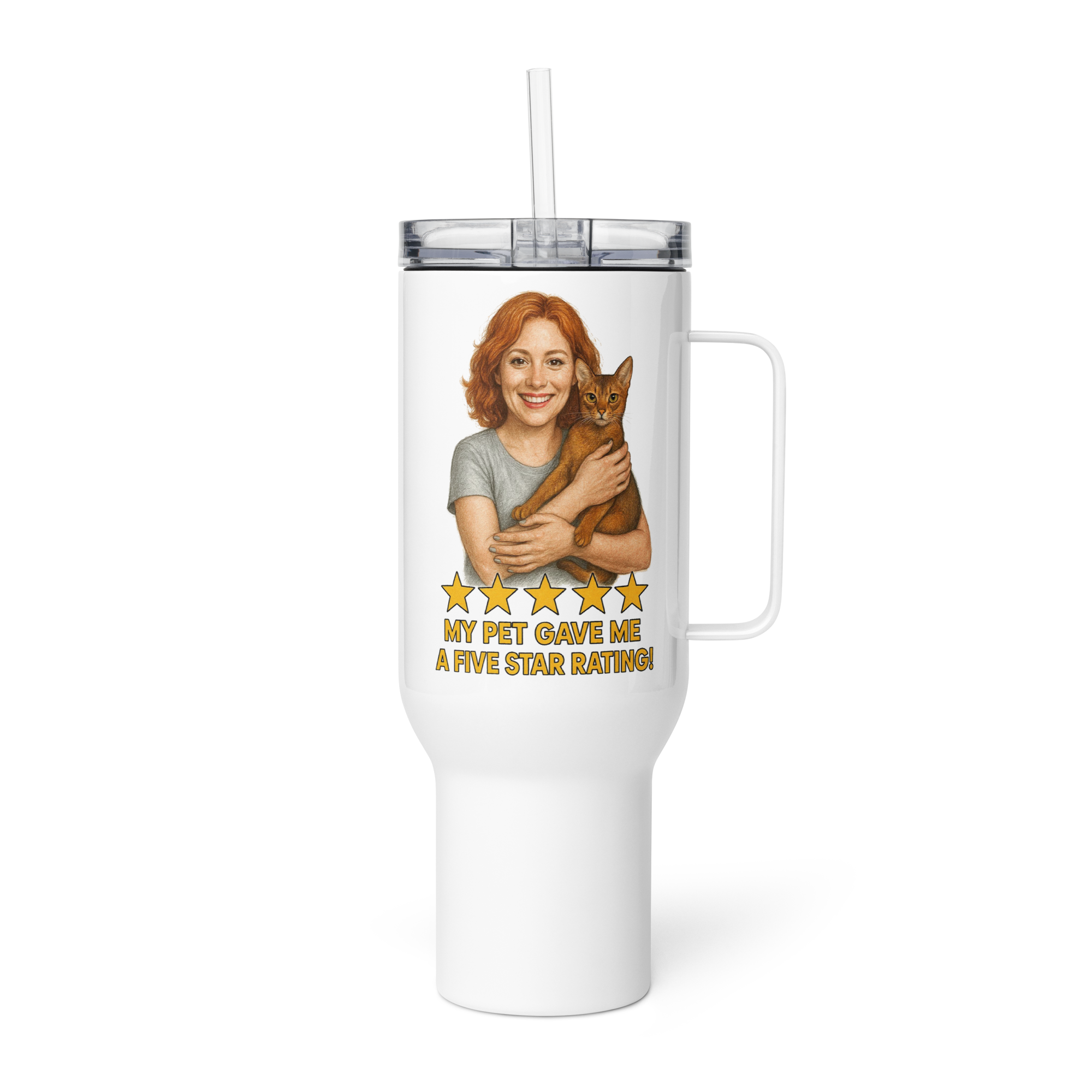 Red Hair Woman SILVER Shirt with Abyssinian Cat Travel Mug