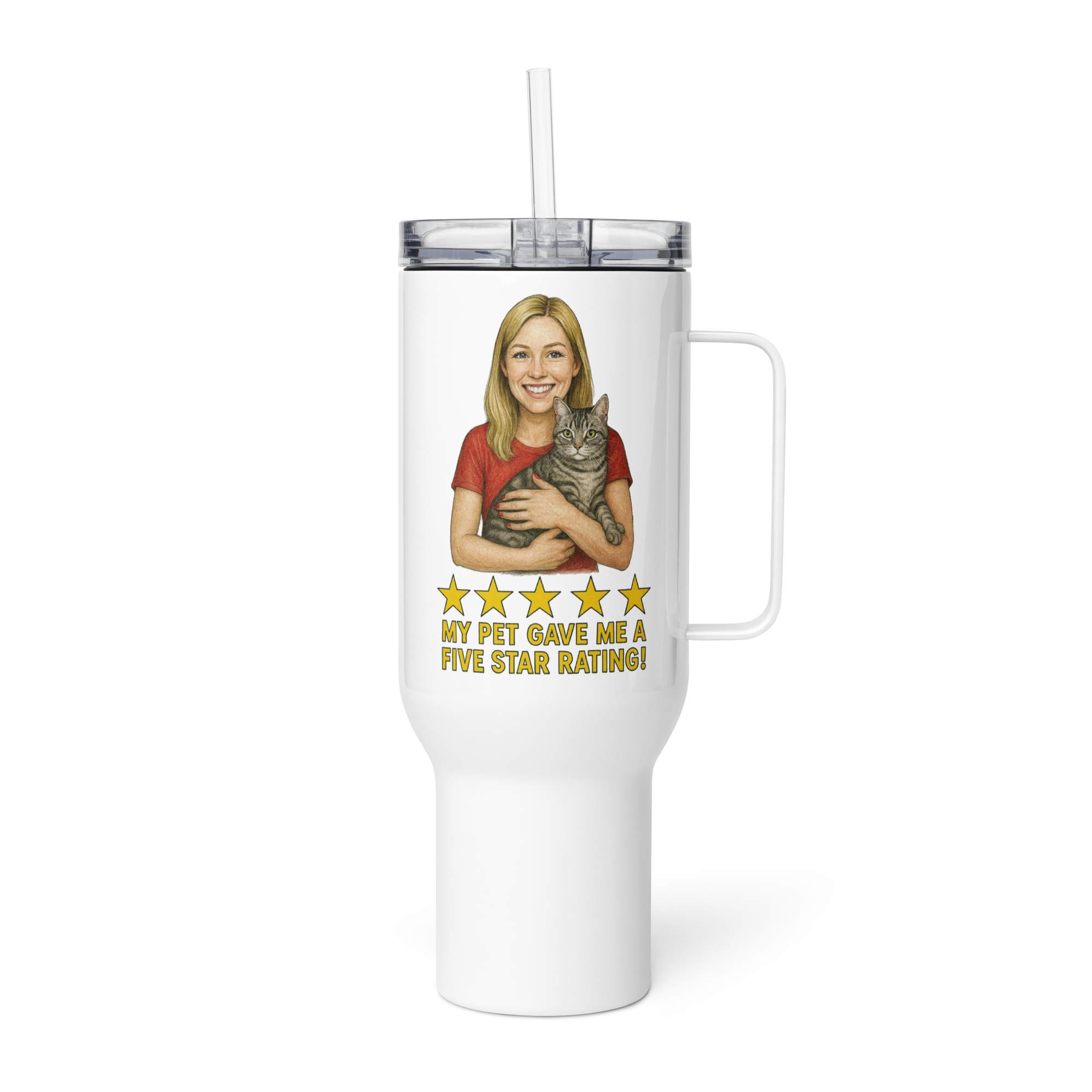 Blonde Woman RED Shirt with American Shorthair Cat Travel Mug
