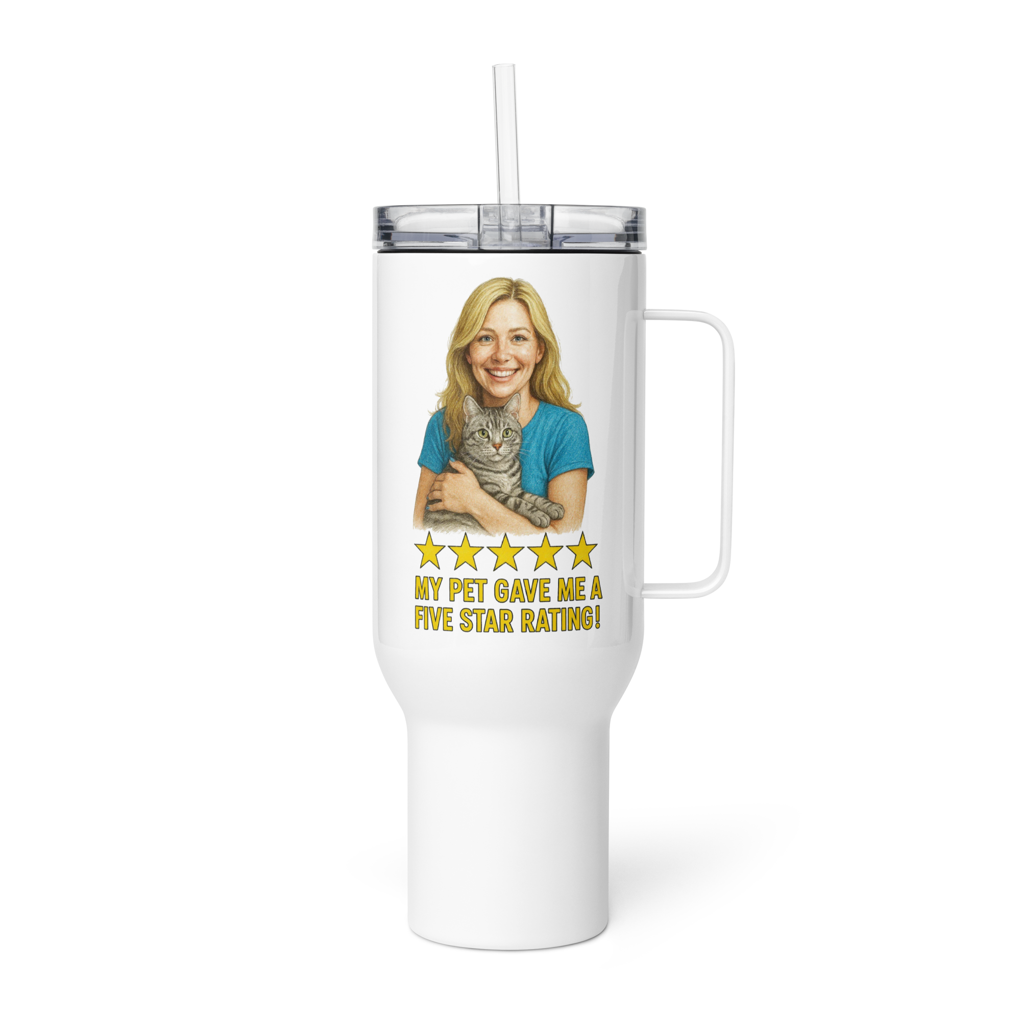 Blonde Woman BLUE Shirt with American Shorthair Travel Mug
