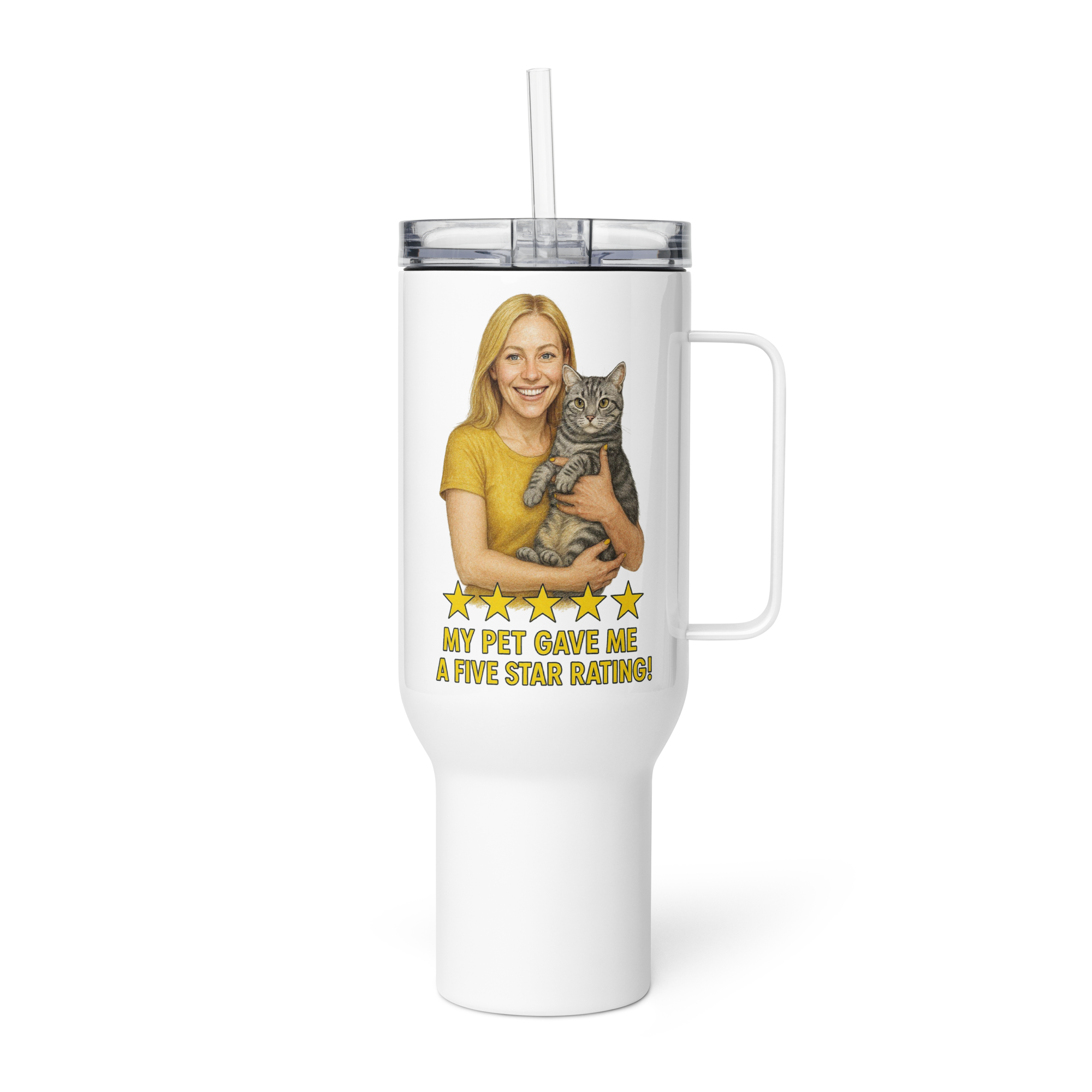 Blonde Woman GOLD Shirt with American Shorthair Cat Travel Mug