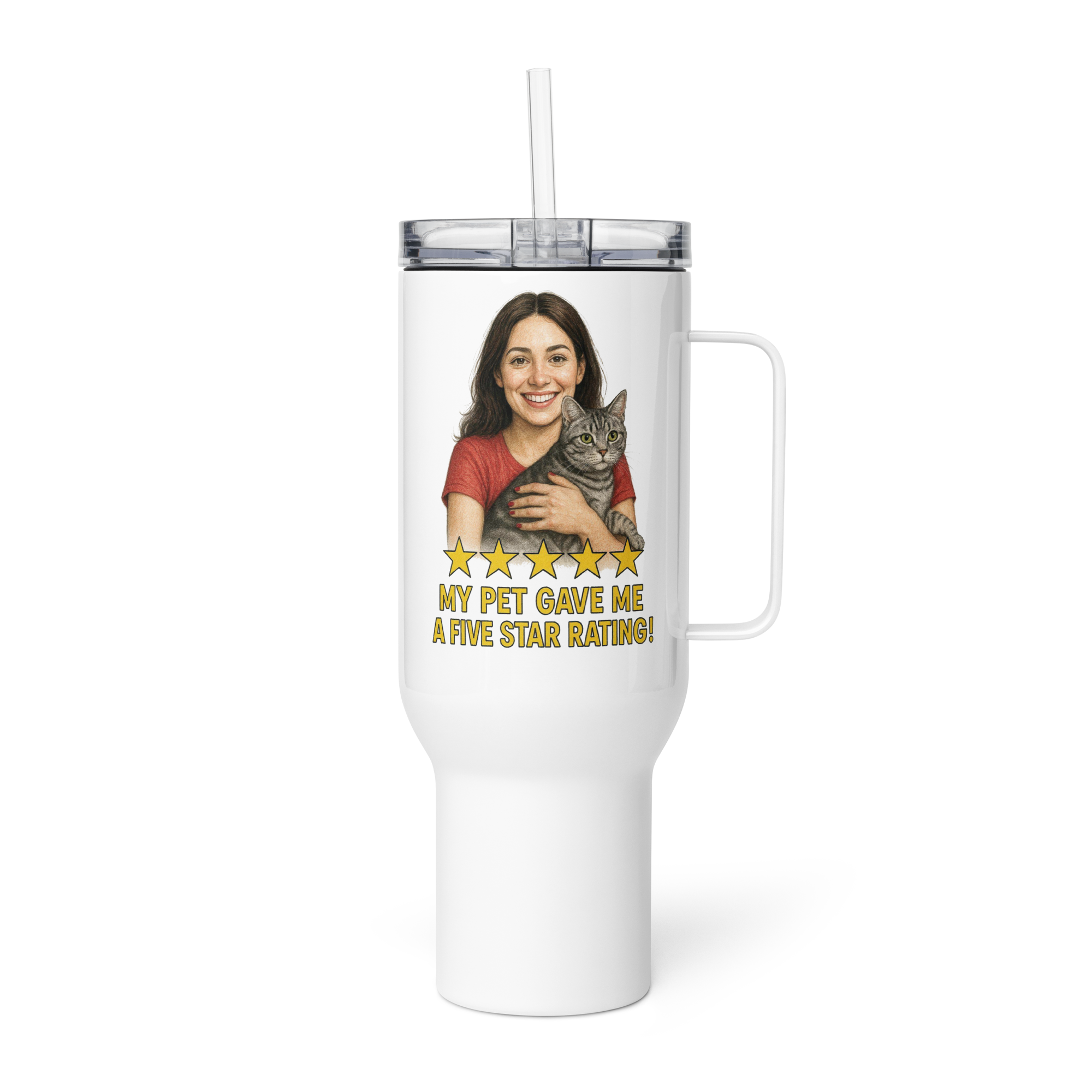 Brunette Woman RED Shirt with American Shorthair Cat Travel Mug