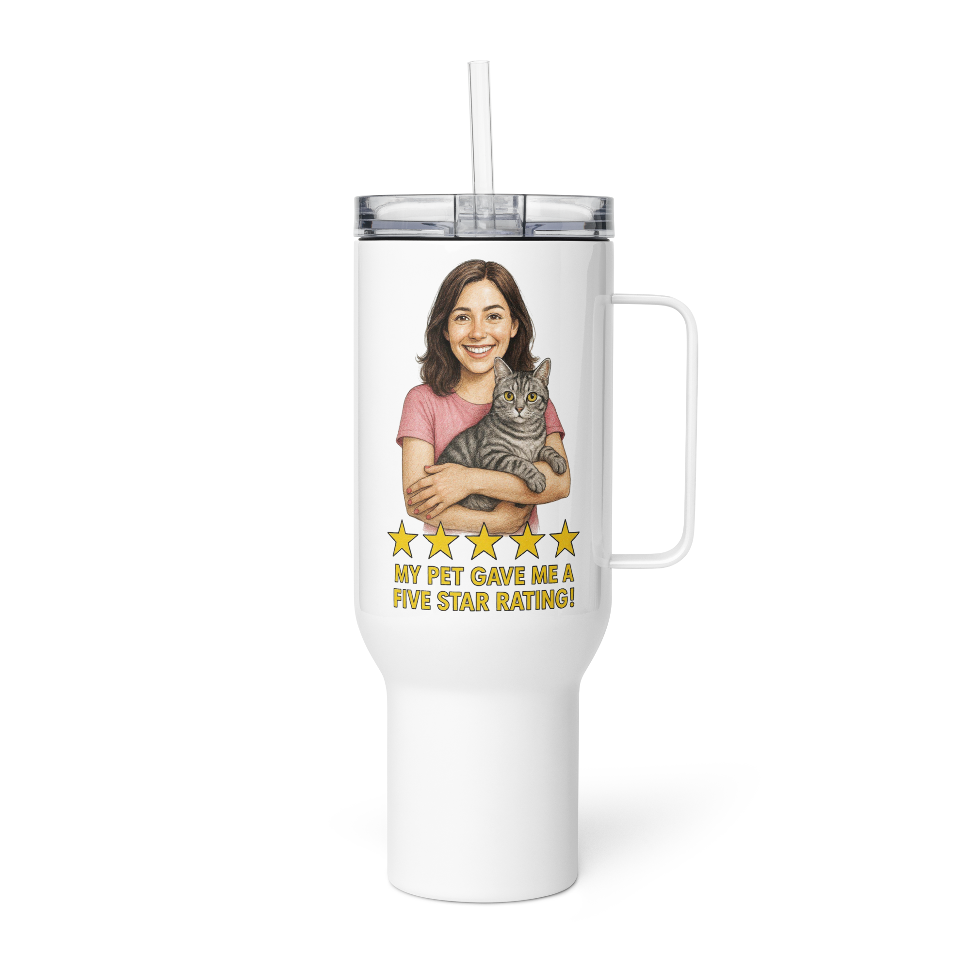 Brunette Woman PINK Shirt with American Shorthair Cat Travel Mug
