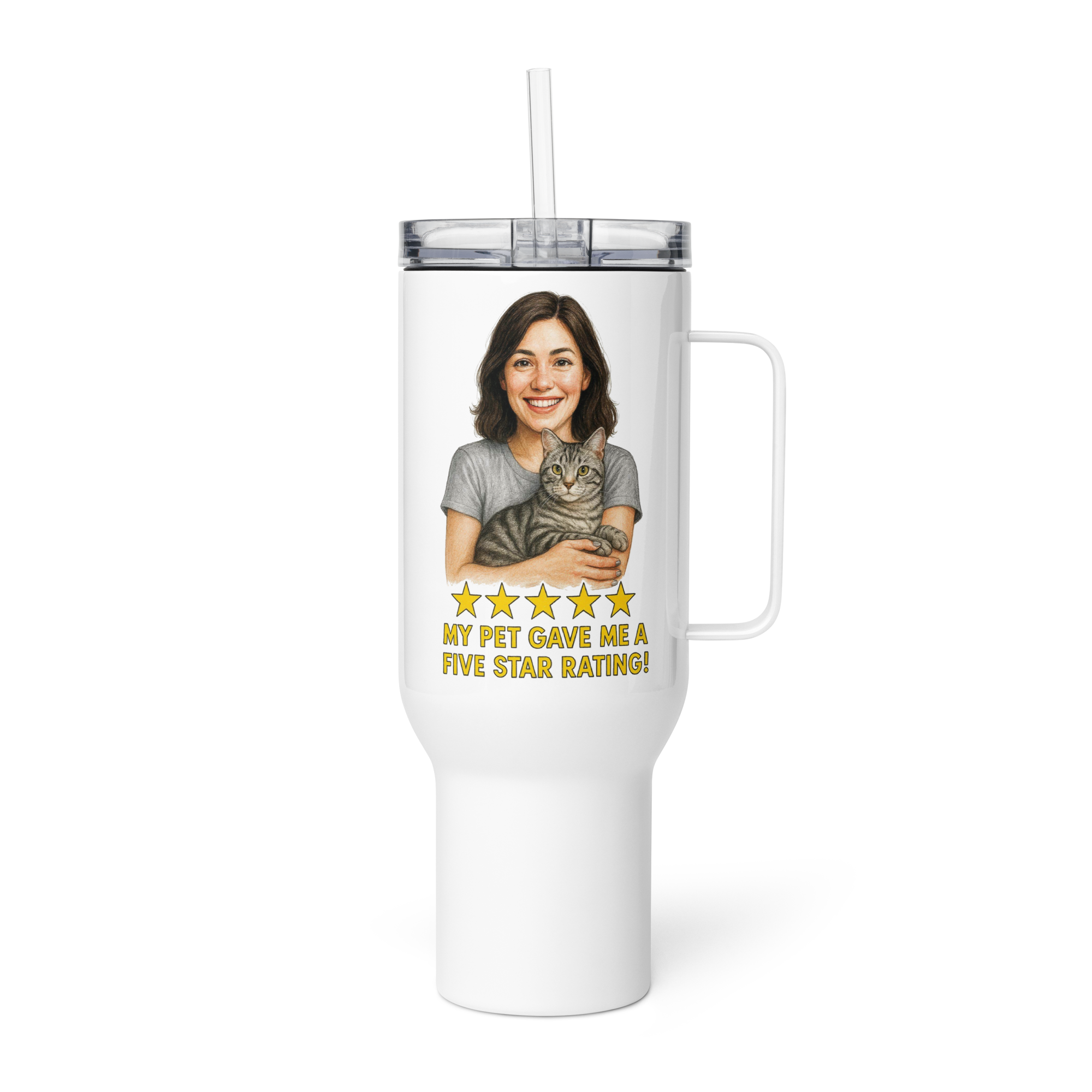 Brunette Woman SILVER Shirt with American Shorthair Cat Travel Mug