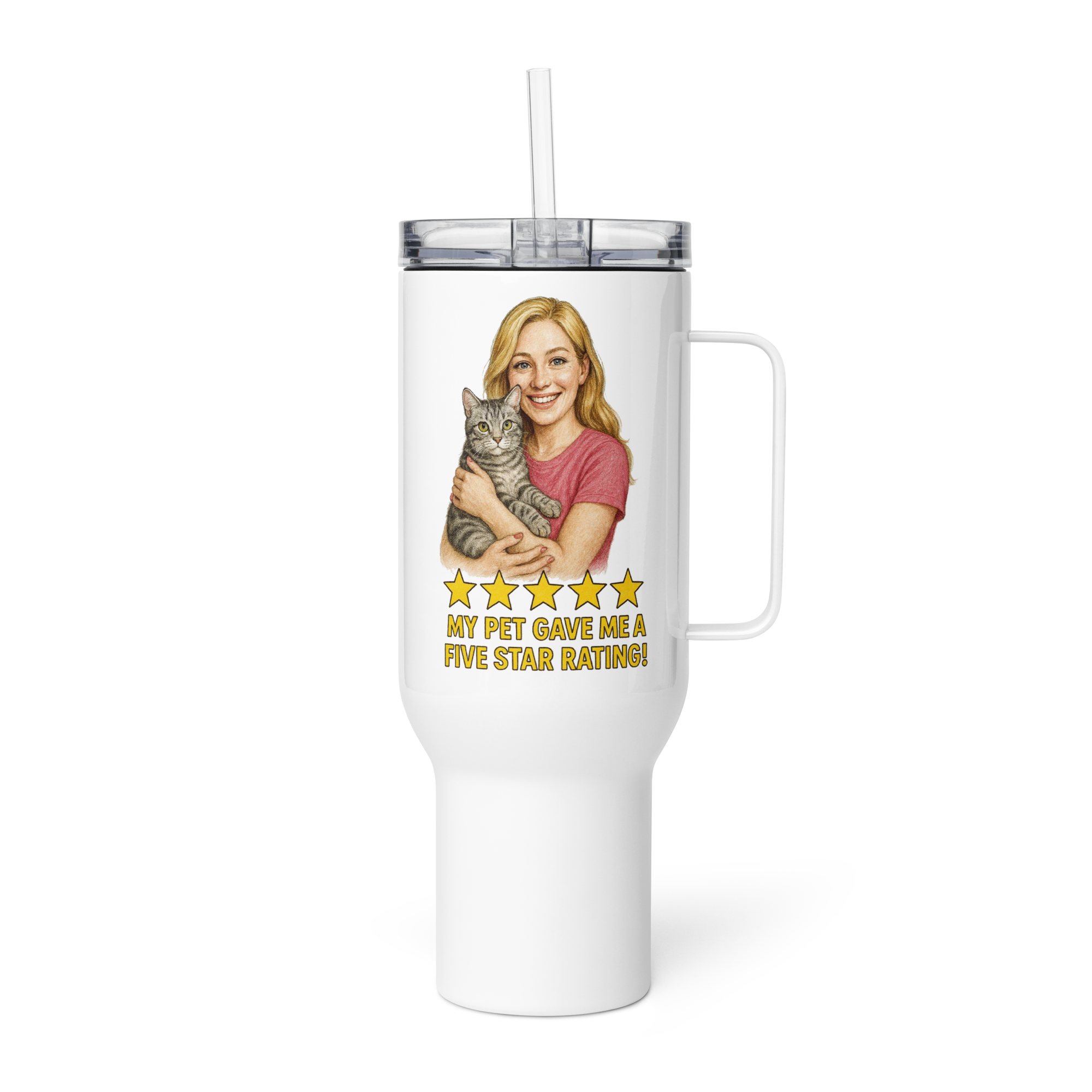 Blonde Woman PINK Shirt with American Shorthair Cat Travel Mug