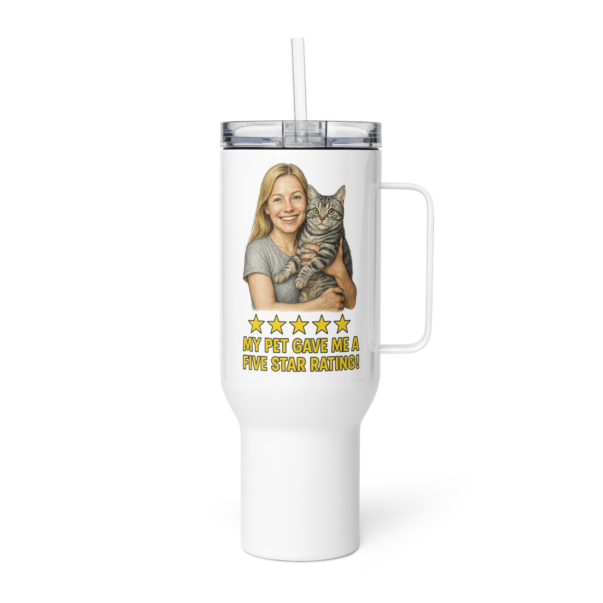 Blonde Woman Silver Shirt with an American Shorthair Cat Travel Mug