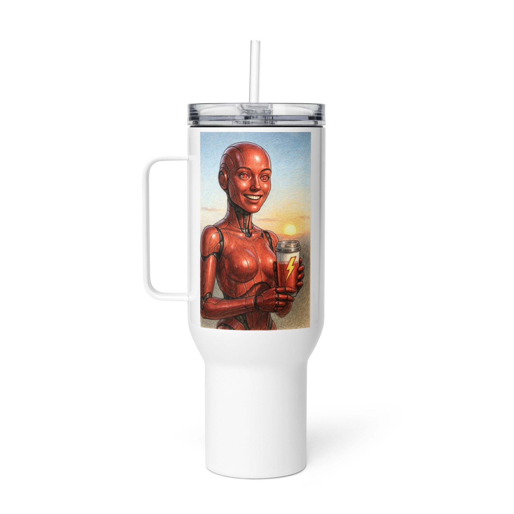 Red Android Woman Travel mug with a handle