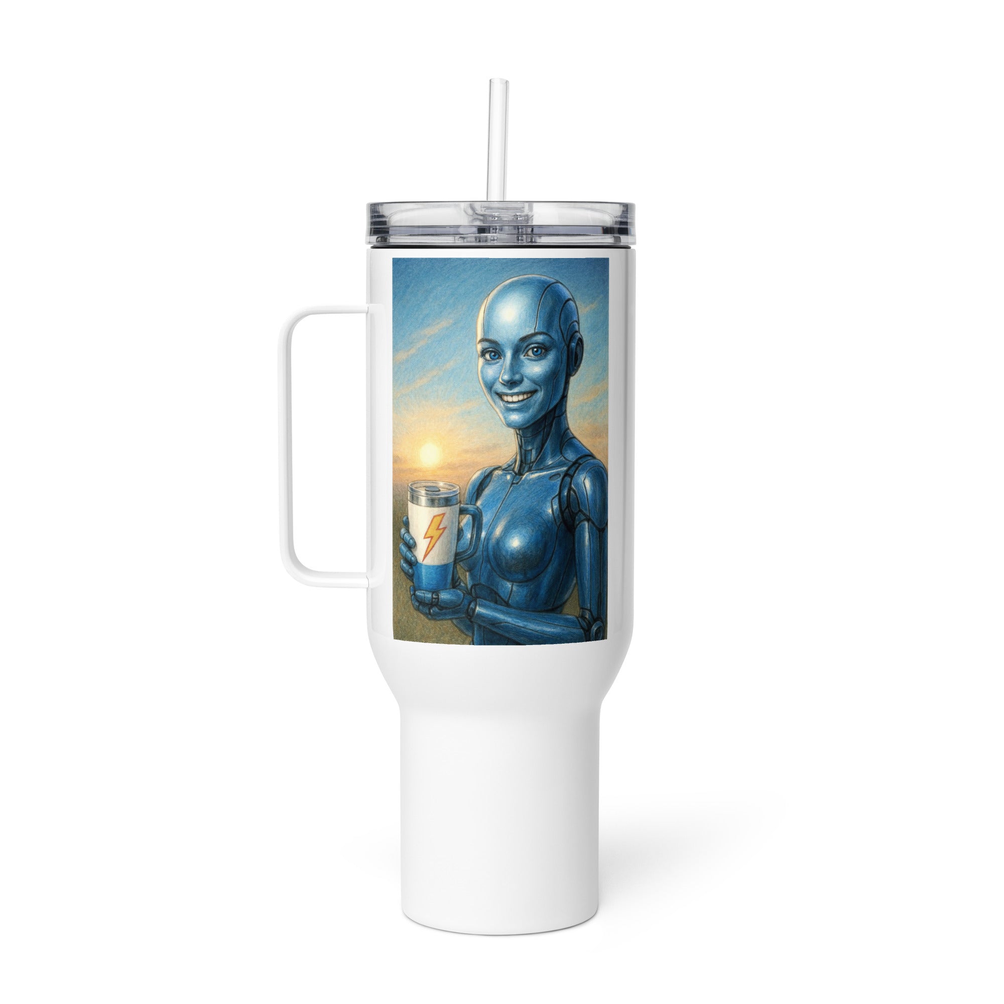 Blue Android Woman Travel mug with a handle