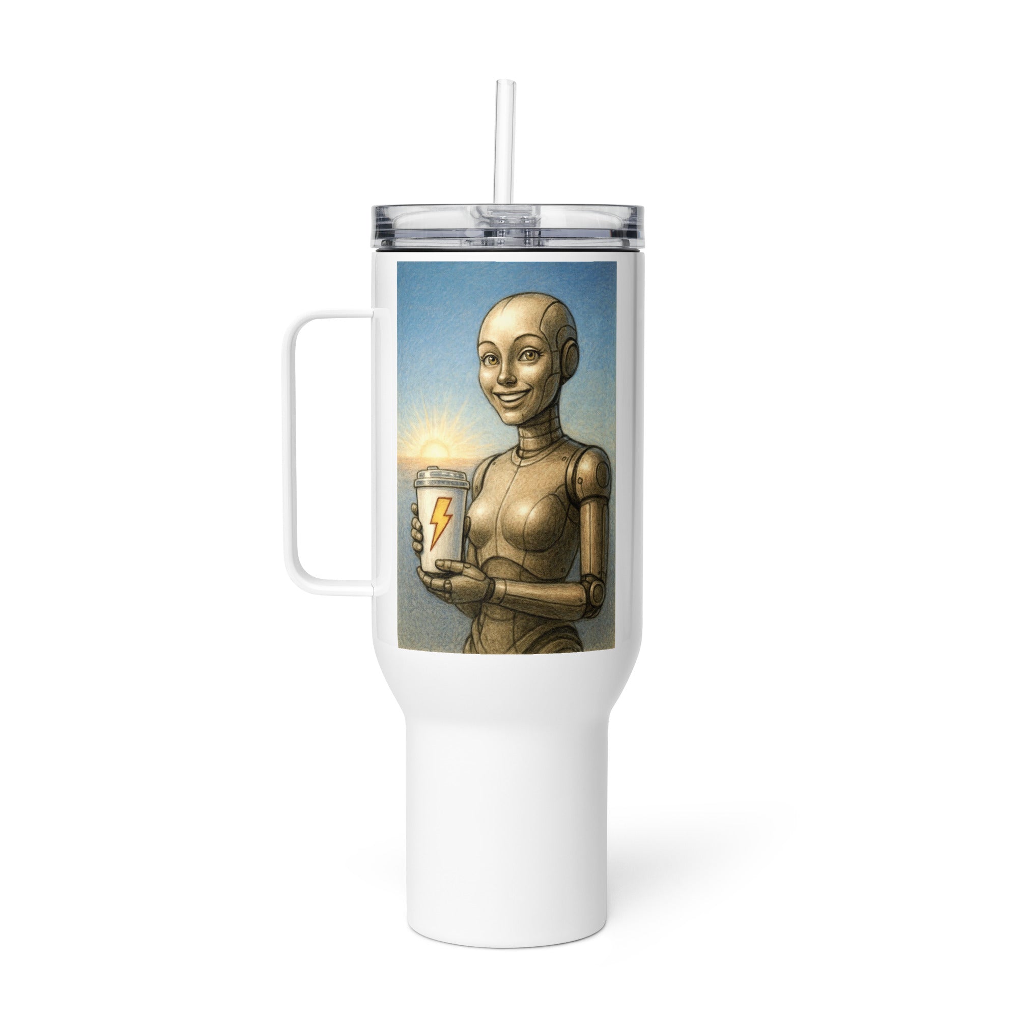 Beige Android Woman Travel mug with a handle