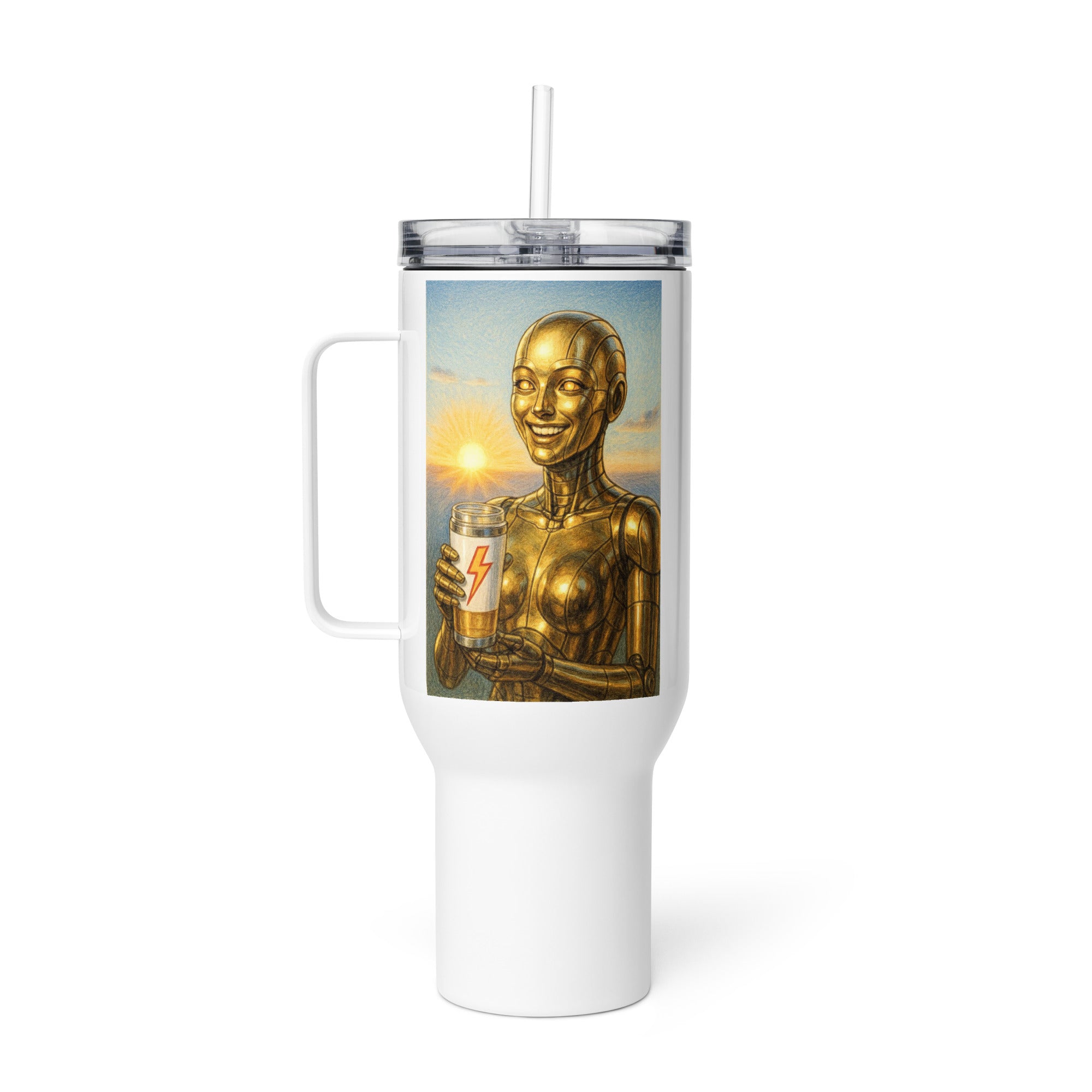 Gold Android Woman Travel mug with a handle