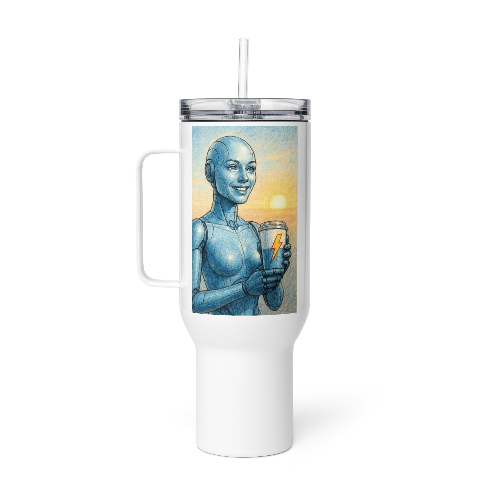 Light Blue Android Woman Travel mug with a handle