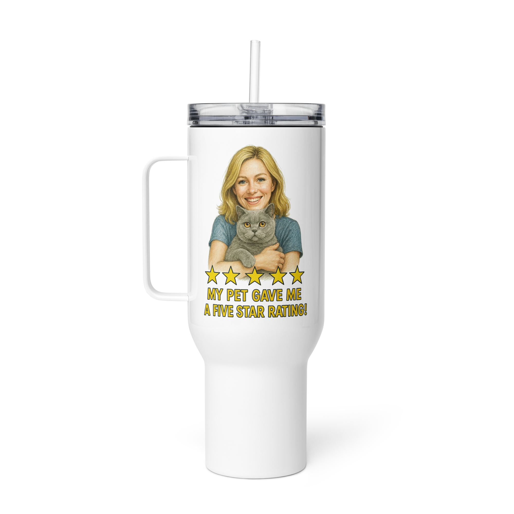 Blonde Woman with British Shorthair Cat Travel Mug