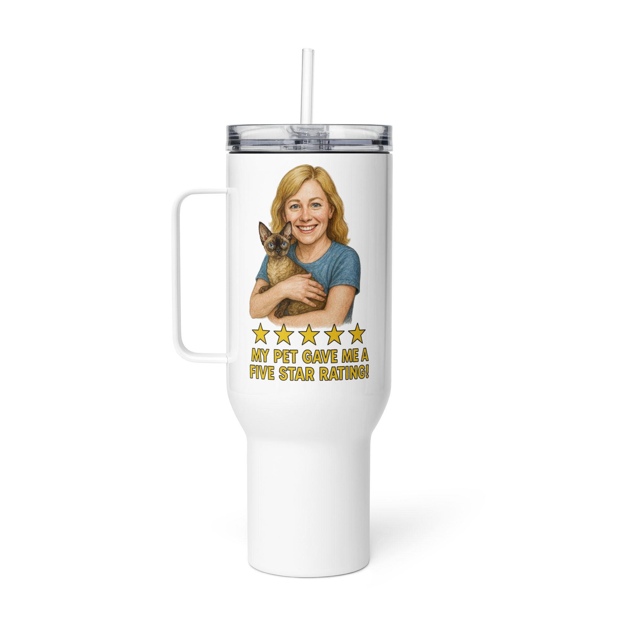 Blonde Woman with Devon Rex Cat Travel Mug