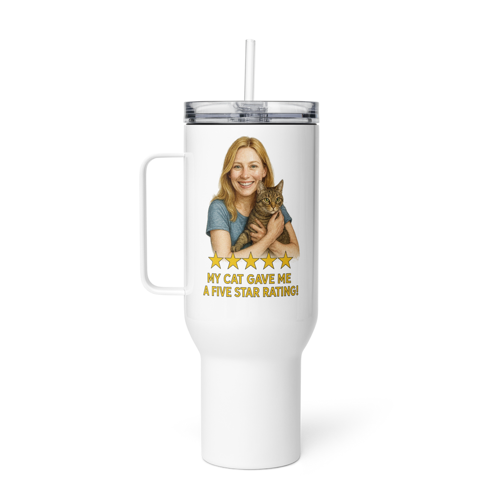 Blonde Woman with Domestic Shorthair Cat Travel Mug
