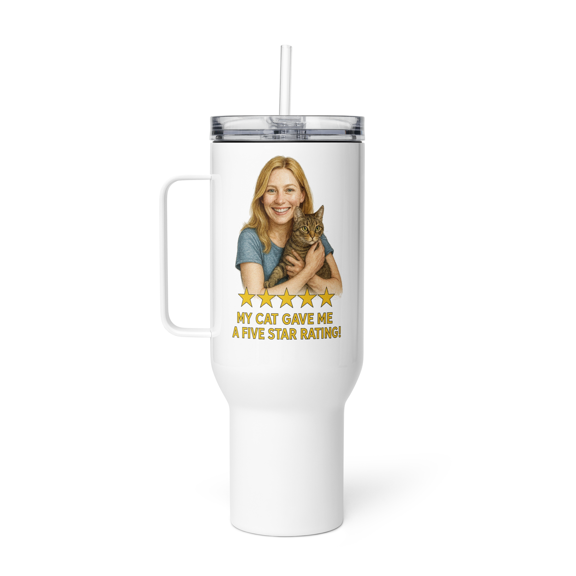 Blonde Woman with Domestic Shorthair Cat Travel Mug