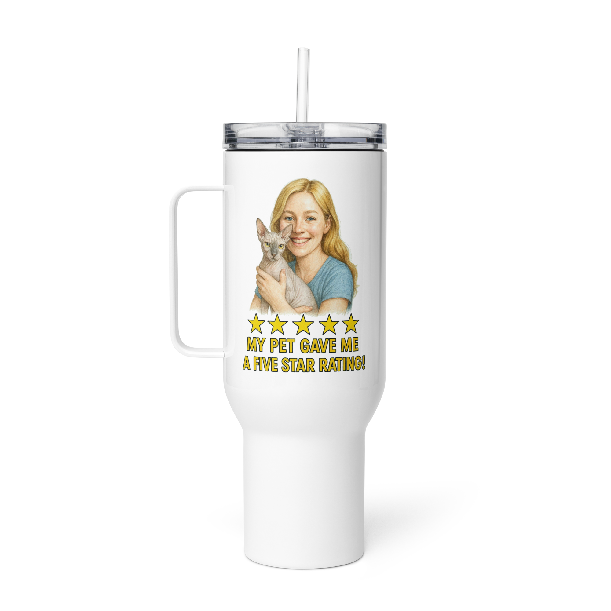 Blonde Woman with Sphynx Cat Travel Mug