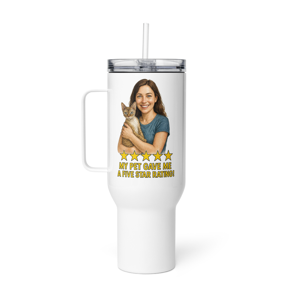 Brunette Woman with Devon Rex Cat Travel Mug