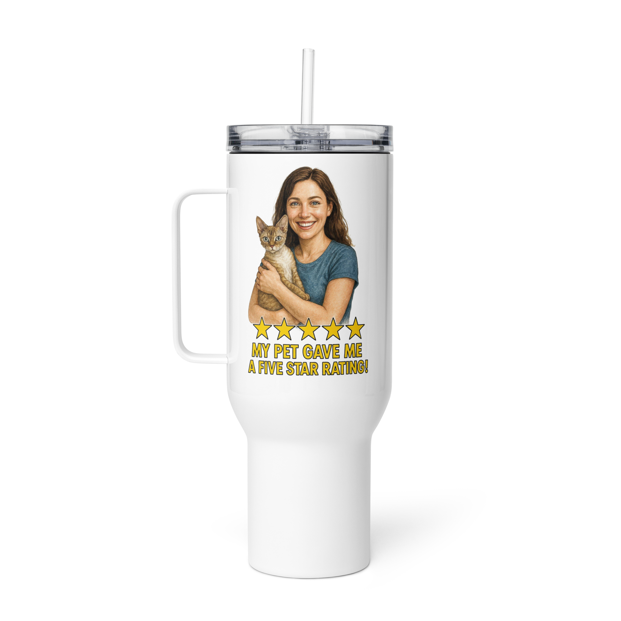 Brunette Woman with Devon Rex Cat Travel Mug