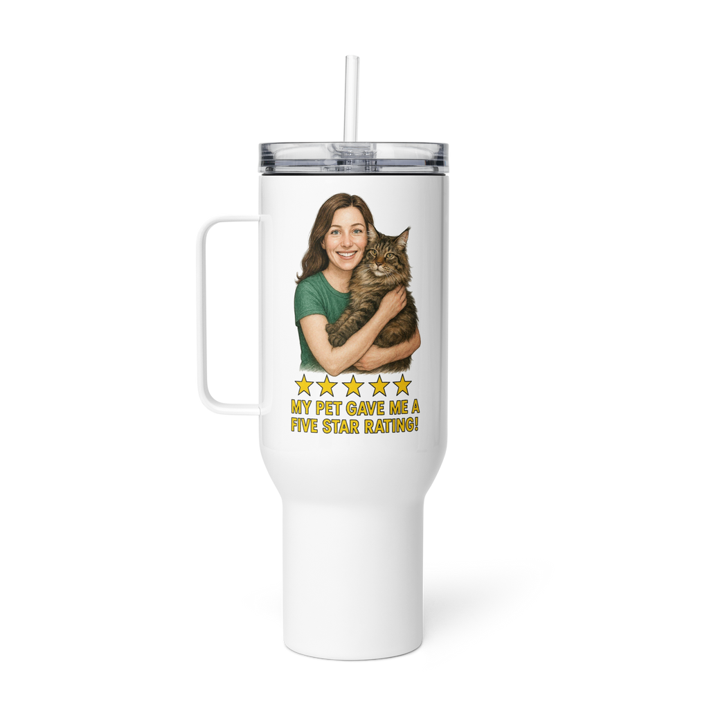 Brunette Woman with Maine Coon Cat Travel Mug