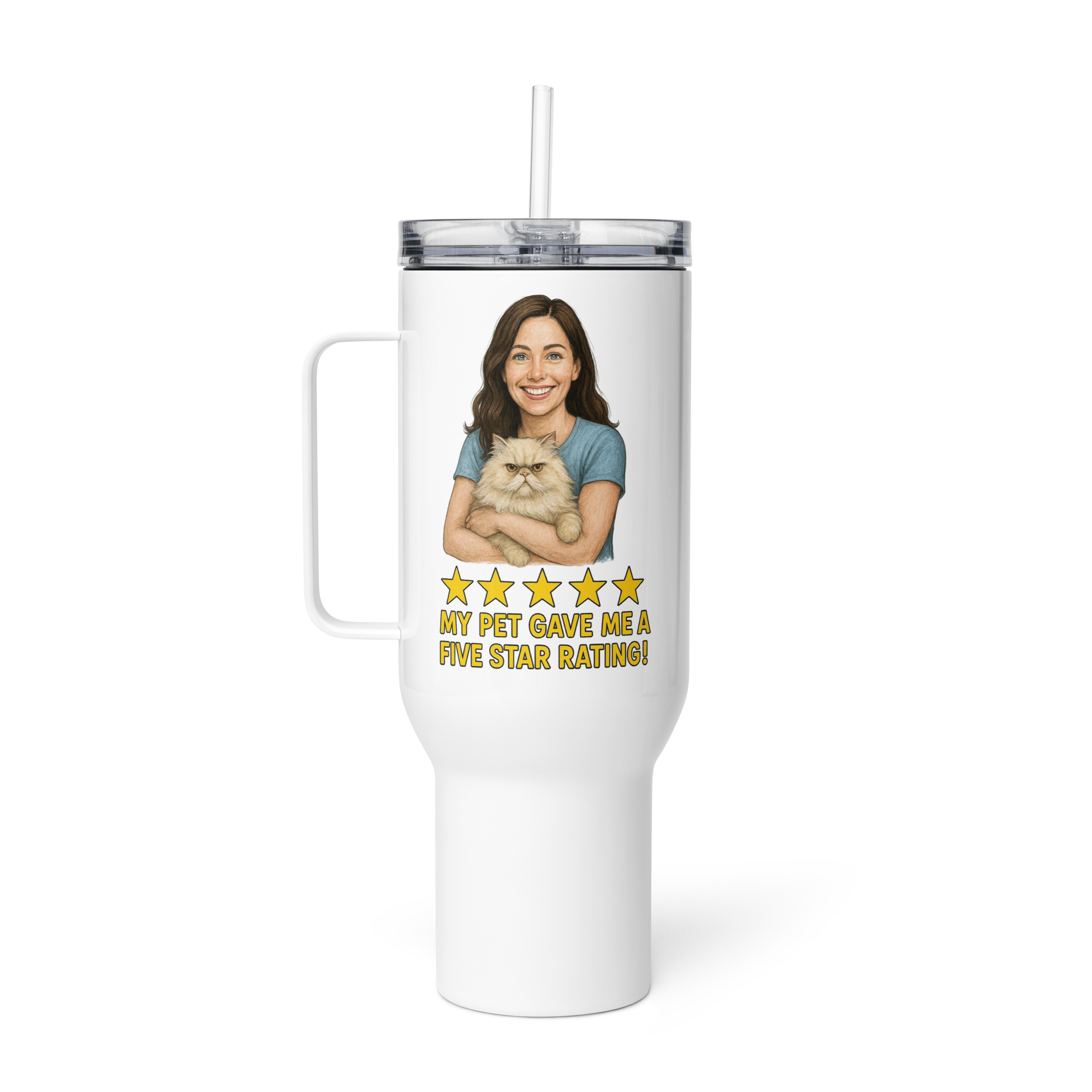 Brunette Woman with Persian Cat Travel Mug