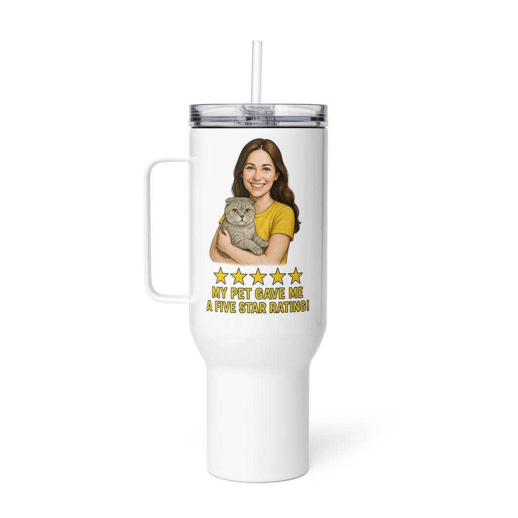 Brunette Woman with Scottish Fold Cat Travel Mug