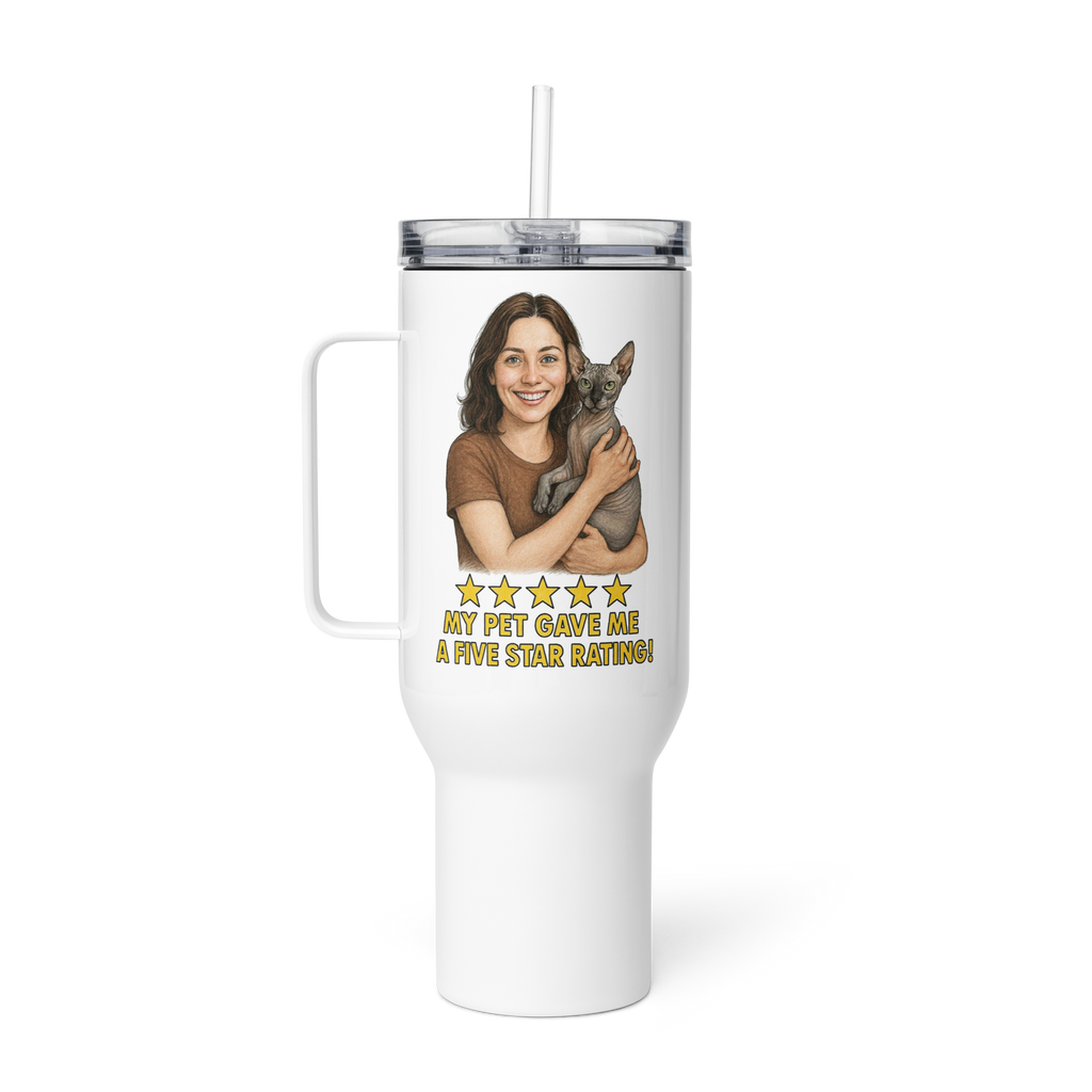 Brunette Woman with Sphynx Cat Travel Mug