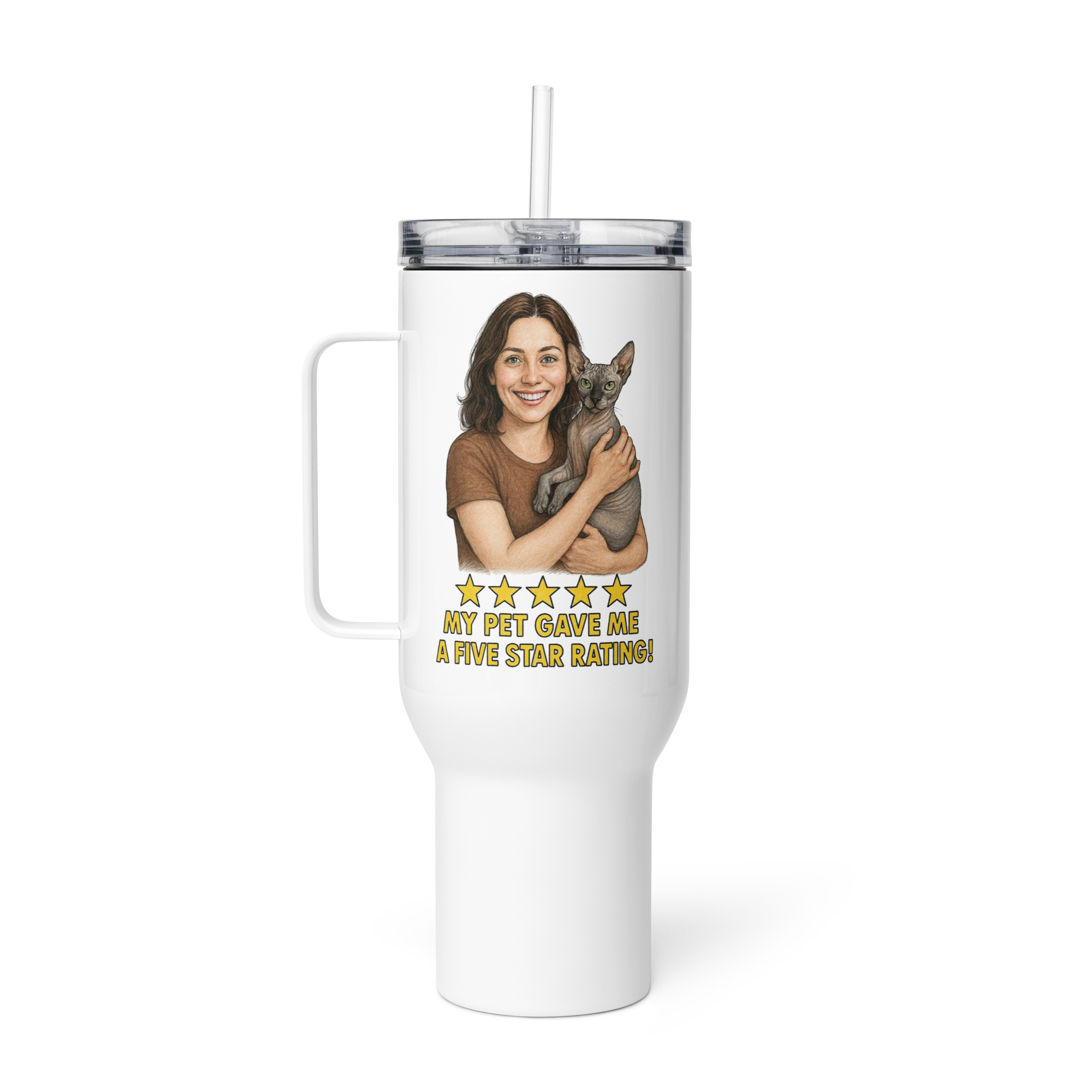 Brunette Woman with Sphynx Cat Travel Mug