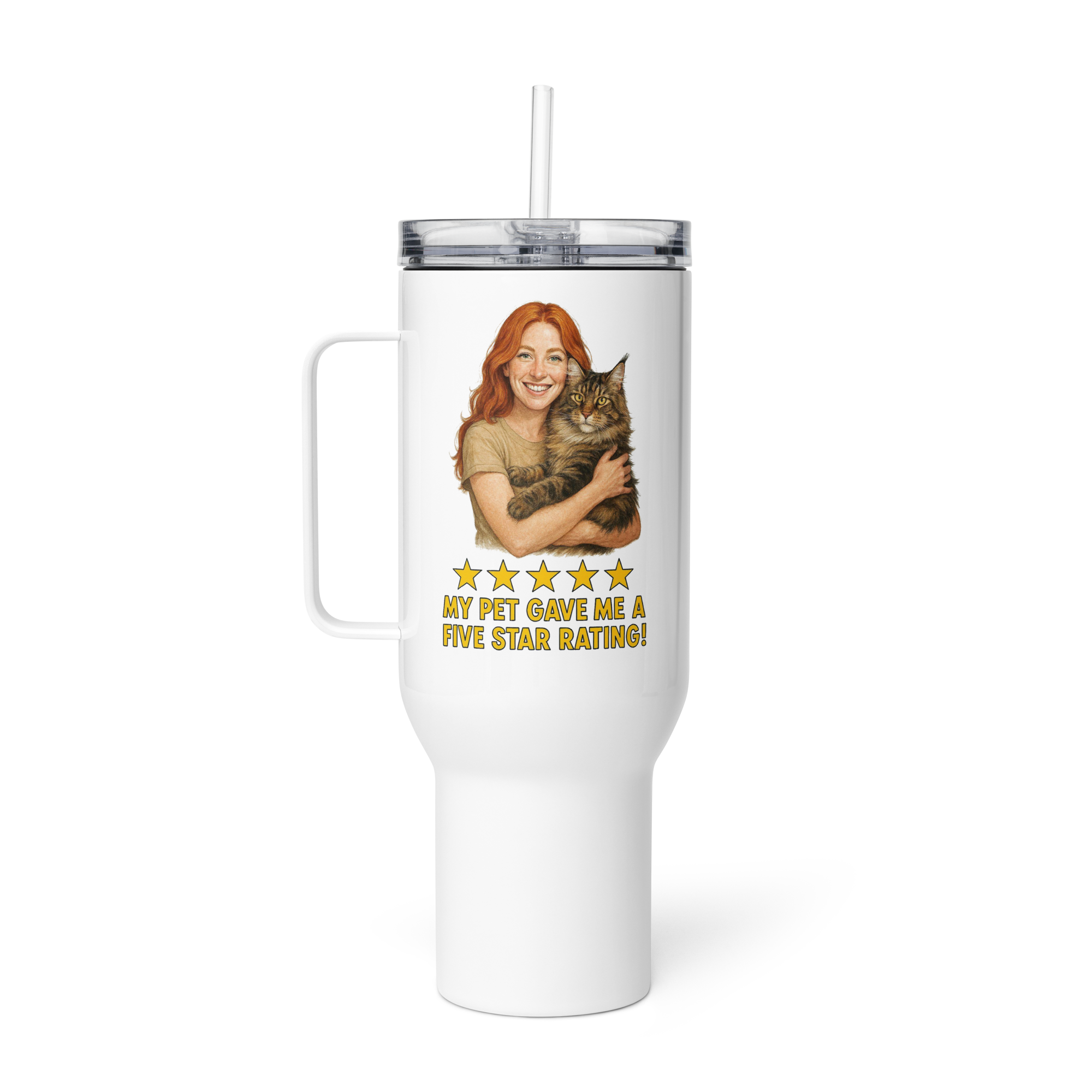 Red Hair Woman with Maine Coon Cat Travel Mug