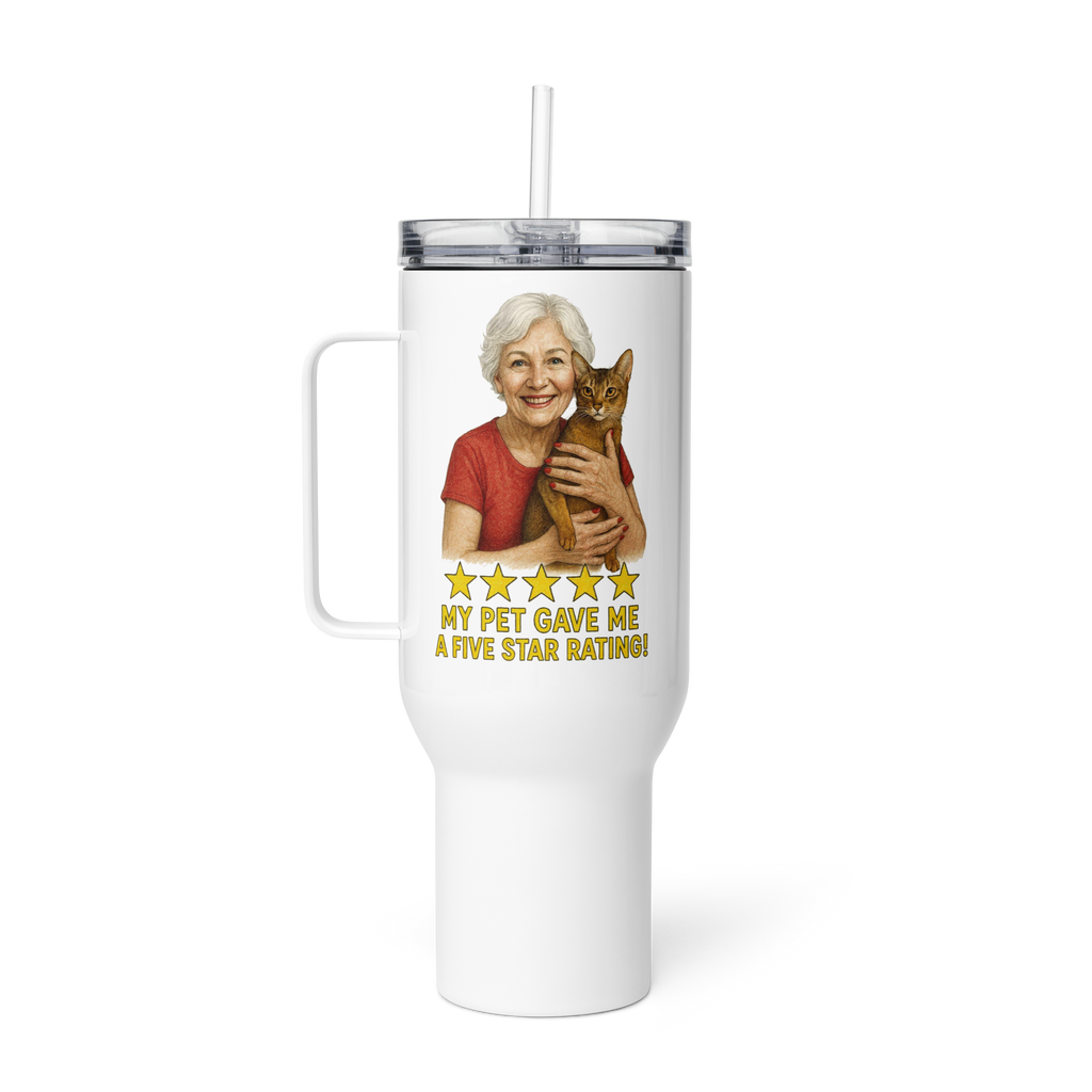 Salt & Pepper Woman with Abyssinian Cat RED Travel Mug