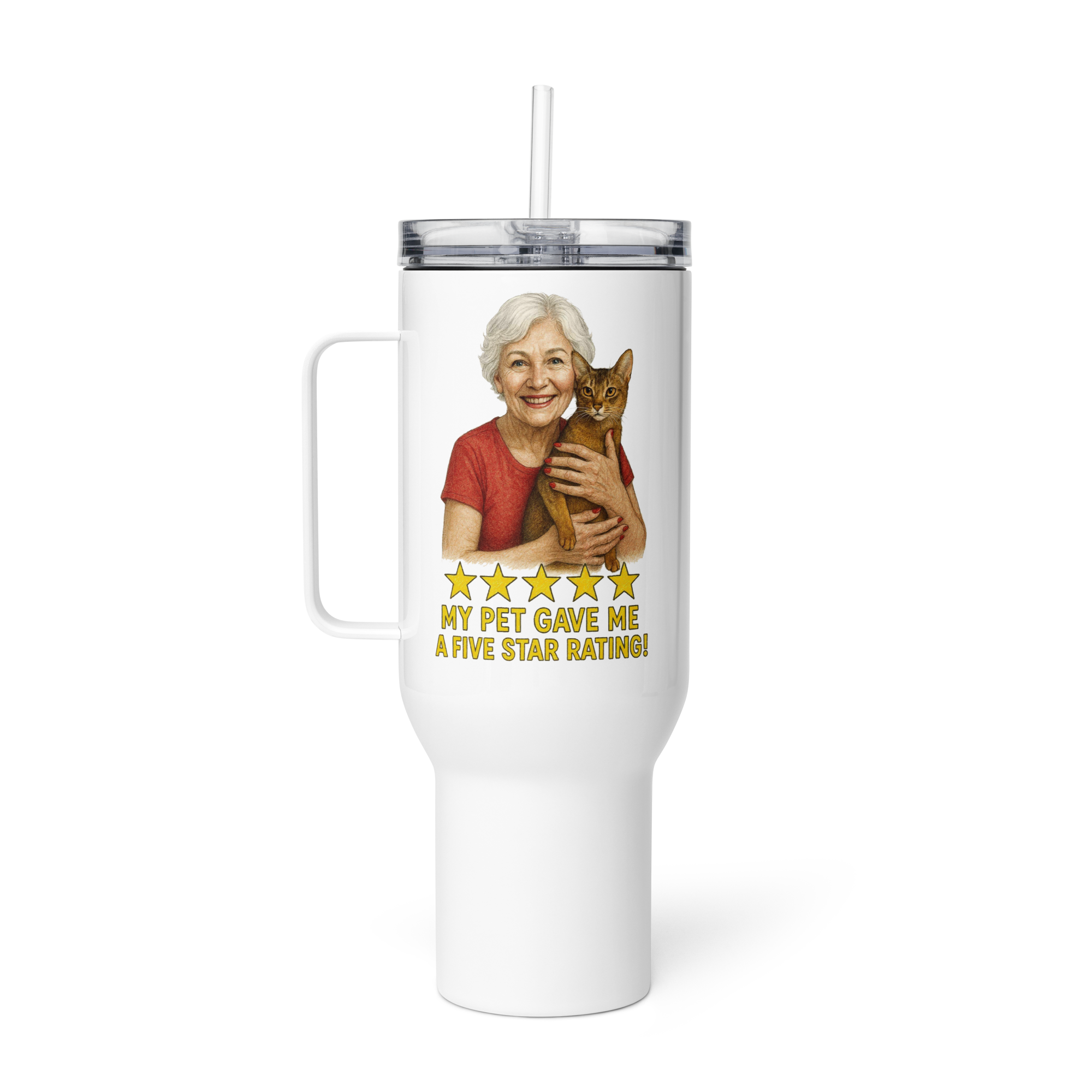 Salt & Pepper Woman with Abyssinian Cat RED Travel Mug