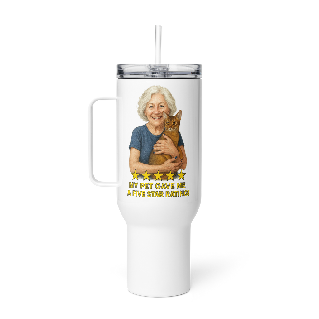 Salt & Pepper Woman with Abyssinian Cat BLUE Travel Mug