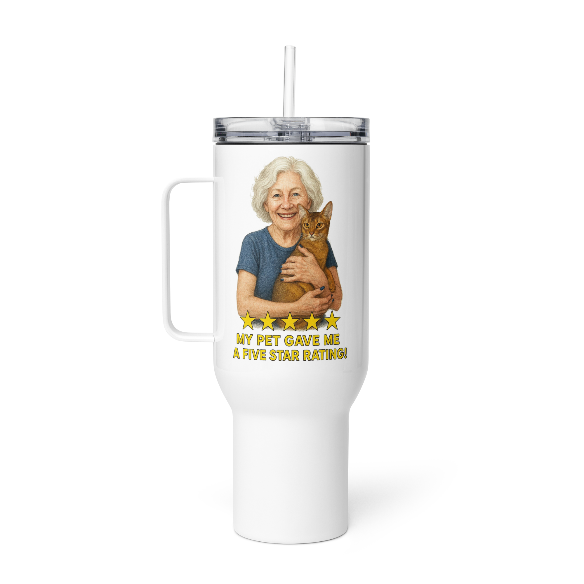 Salt & Pepper Woman with Abyssinian Cat BLUE Travel Mug