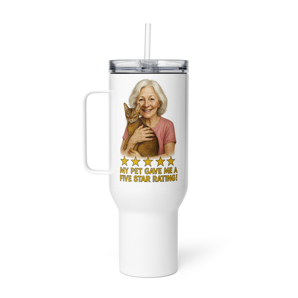 Salt & Pepper Woman with Abyssinian Cat PINK Travel Mug