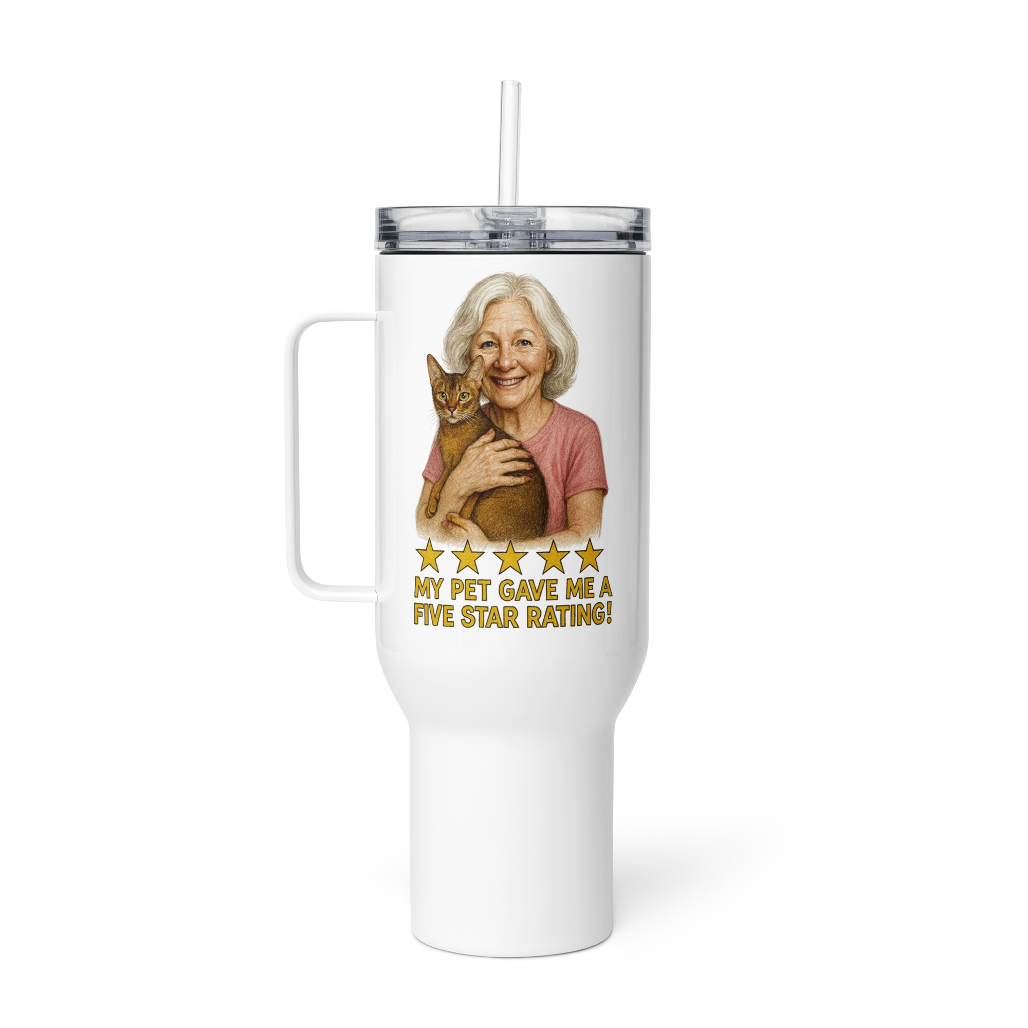 Salt & Pepper Woman with Abyssinian Cat PINK Travel Mug