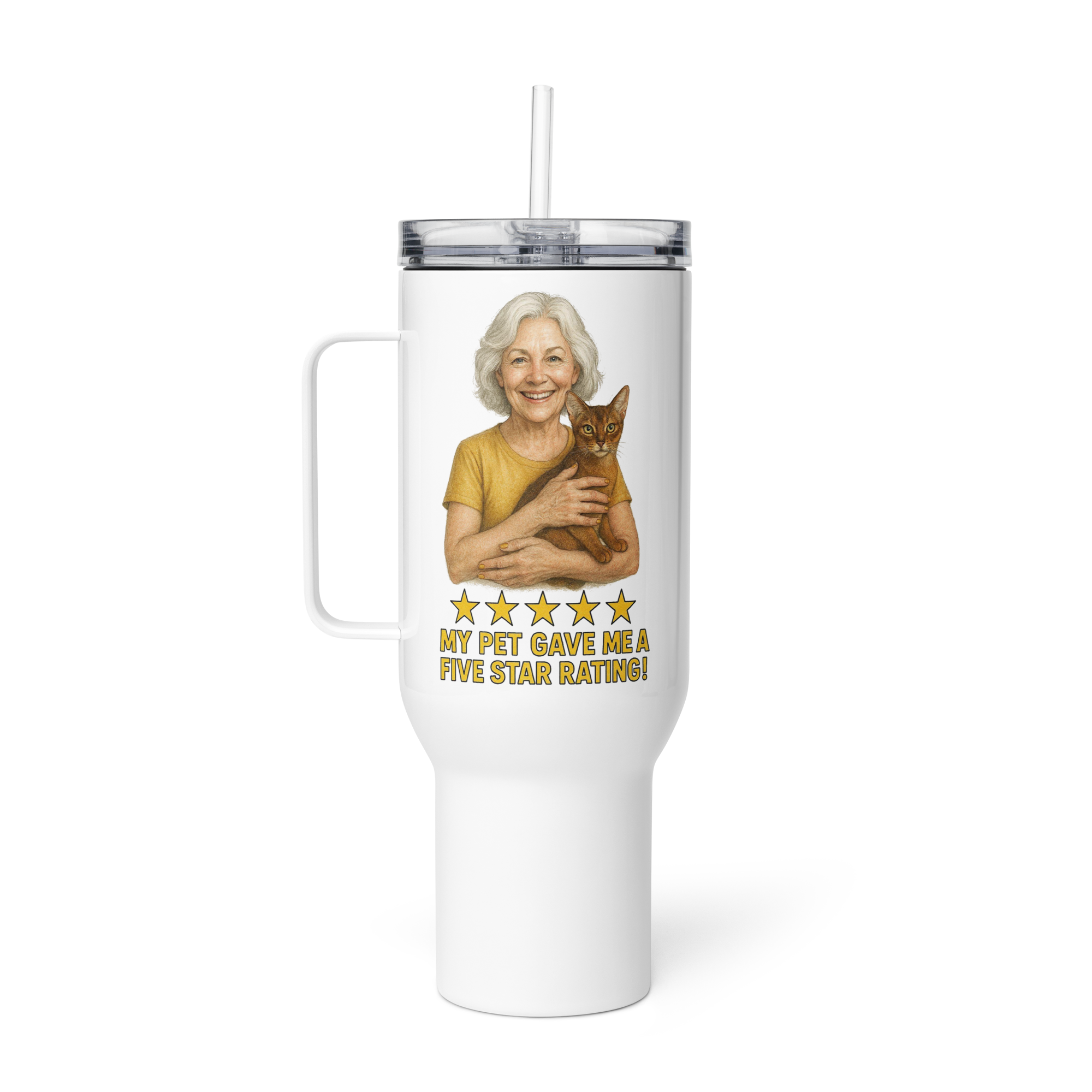 Salt & Pepper Woman with Abyssinian Cat GOLD Travel Mug