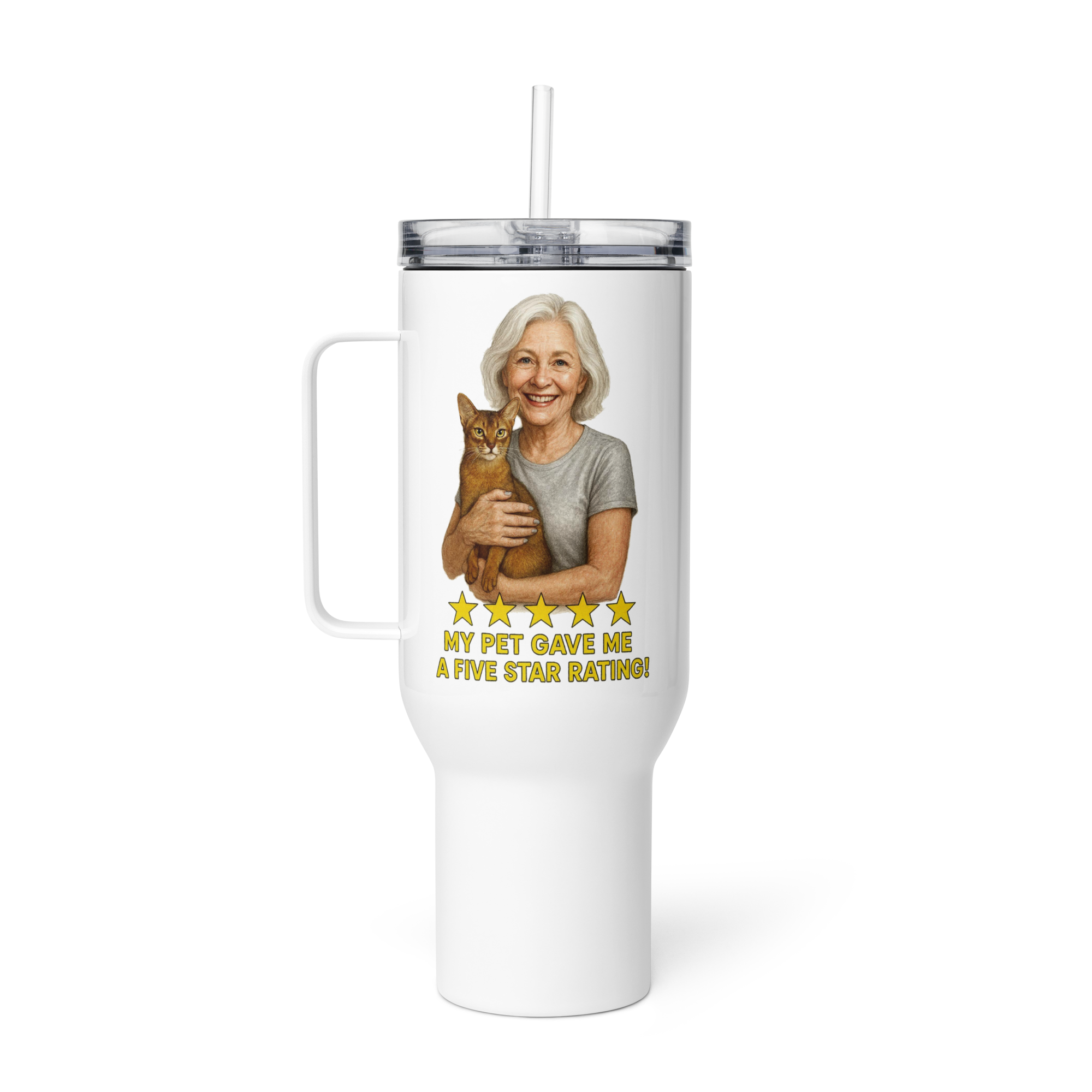 Salt & Pepper Woman with Abyssinian Cat SILVER Travel Mug