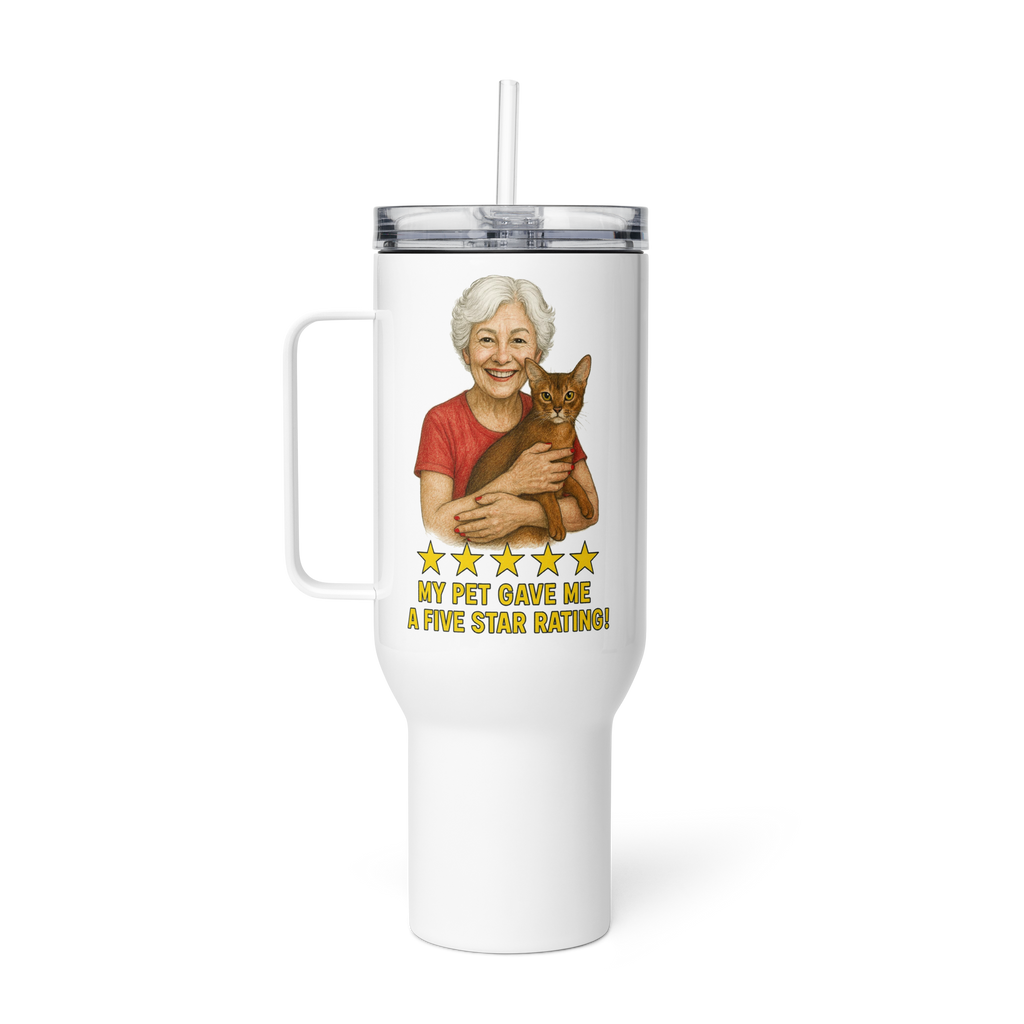White Hair Woman with Abyssinian Cat RED Travel Mug