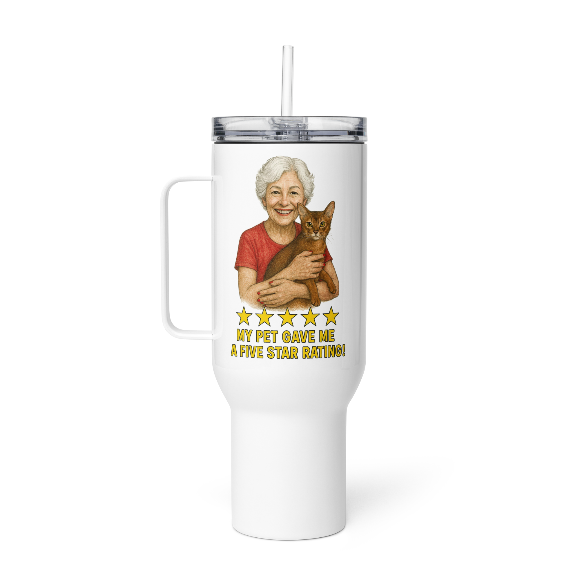 White Hair Woman with Abyssinian Cat RED Travel Mug