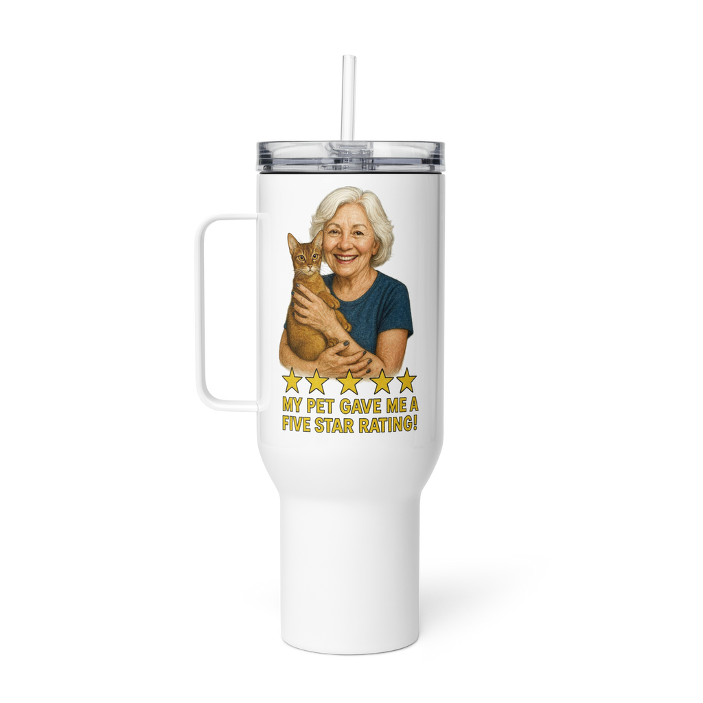 White Hair Woman with Abyssinian Cat BLUE Travel Mug