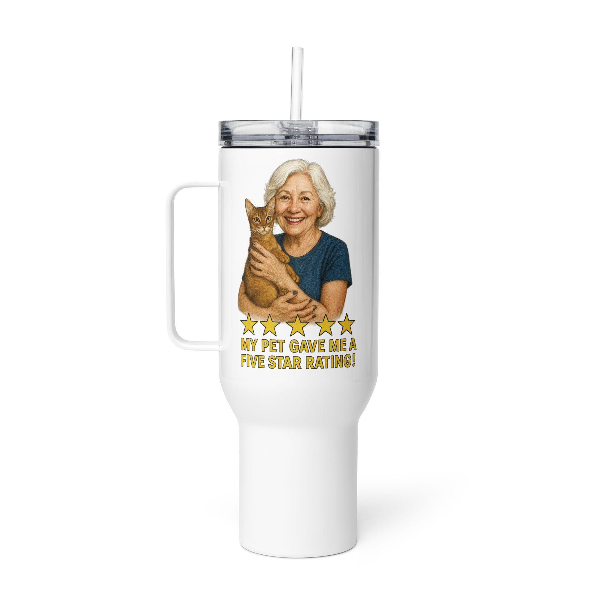 White Hair Woman with Abyssinian Cat BLUE Travel Mug