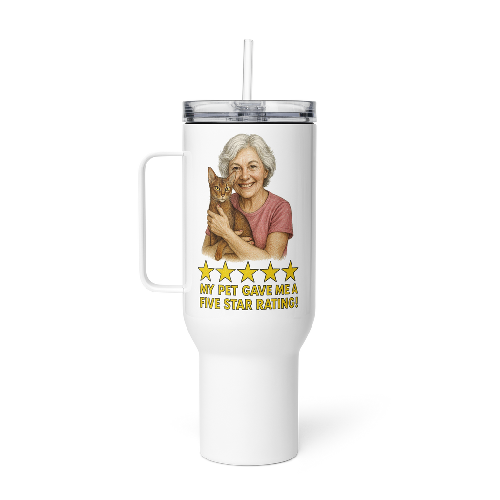 White Hair Woman with Abyssinian Cat PINK Travel Mug
