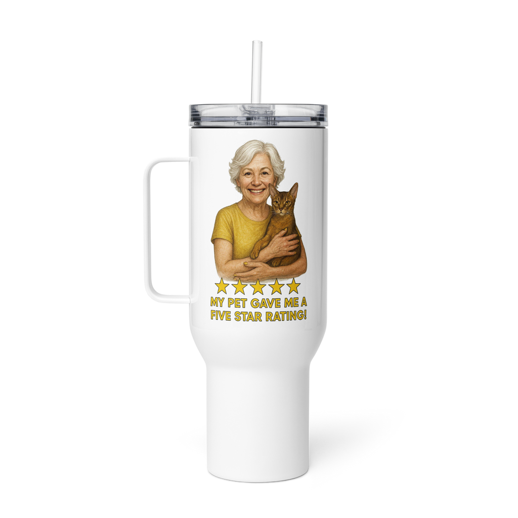 White Hair Woman with Abyssinian Cat GOLD Travel Mug