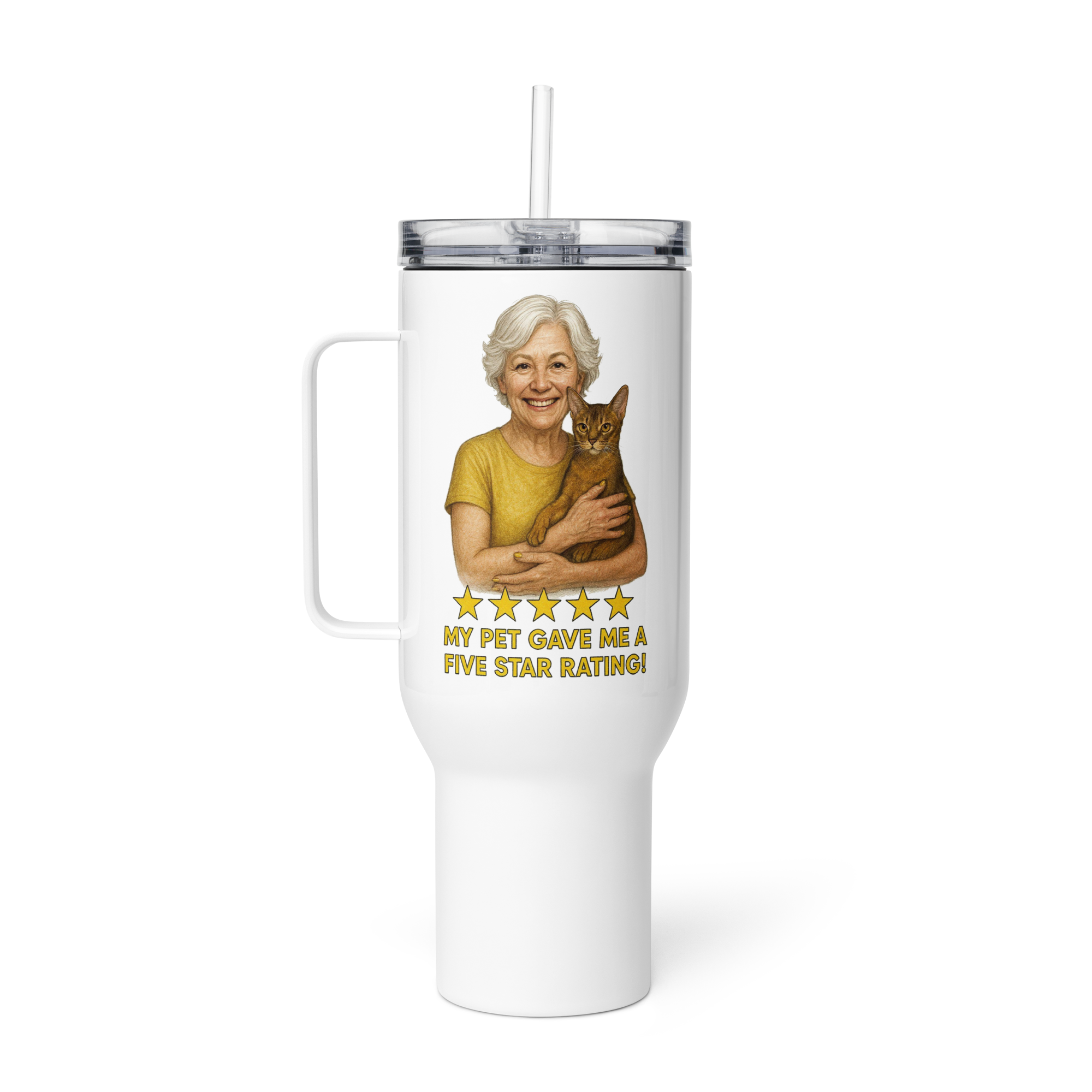 White Hair Woman with Abyssinian Cat GOLD Travel Mug