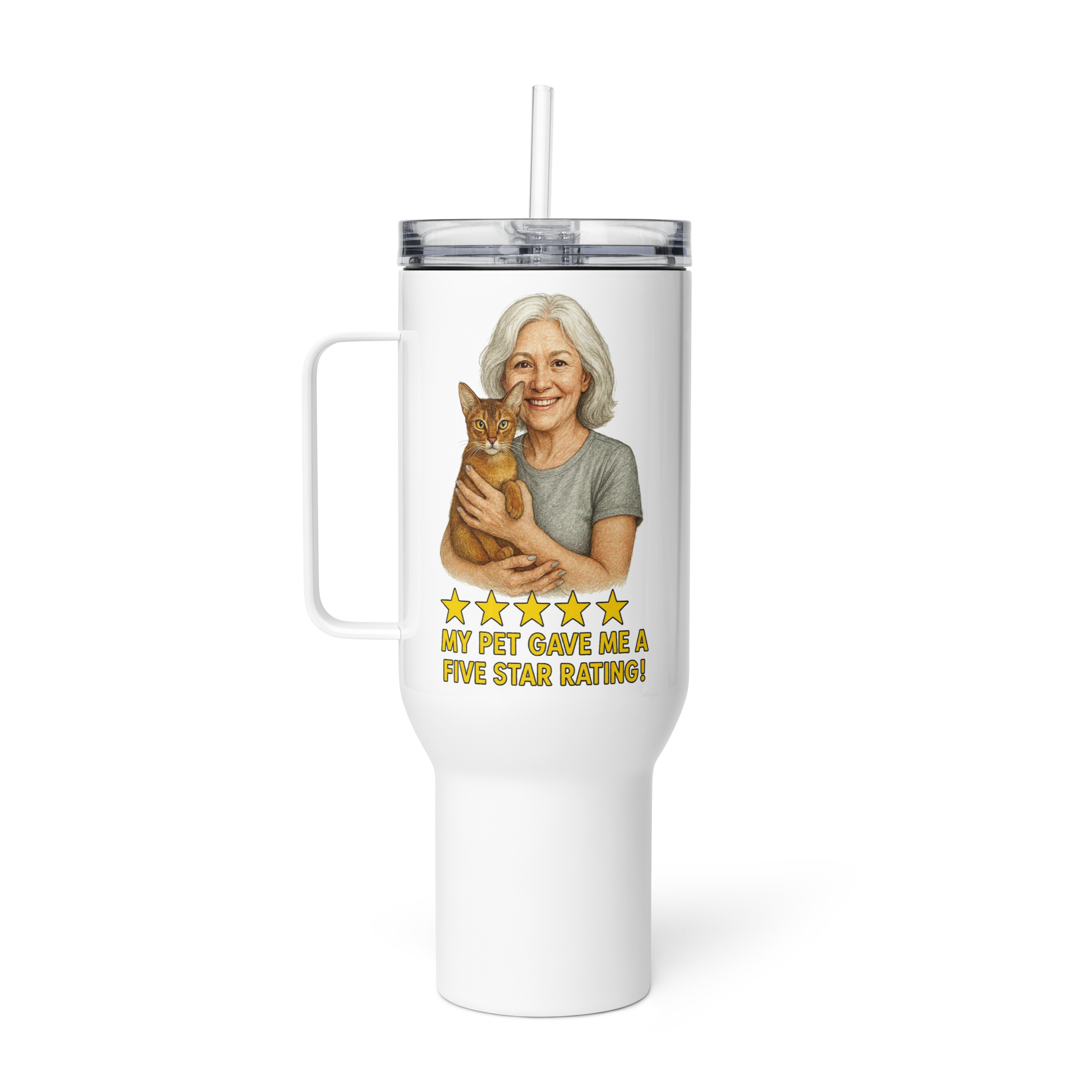 White Hair Woman with Abyssinian Cat SILVER Travel Mug